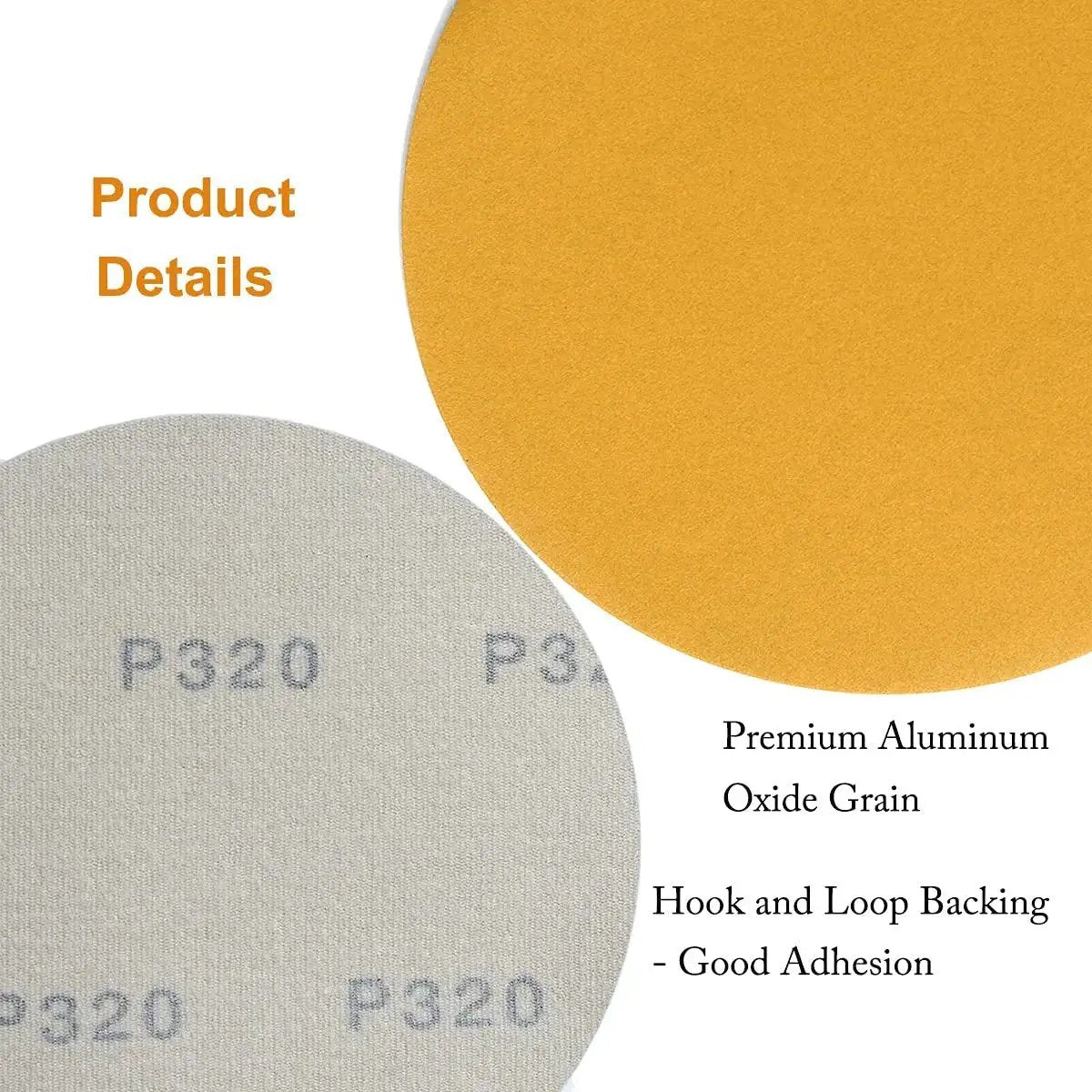 Close-up of 6-Inch No-Hole Hook and Loop Sanding Discs 320 Grit 100-Pack for Automotive showing P320 marking and backing