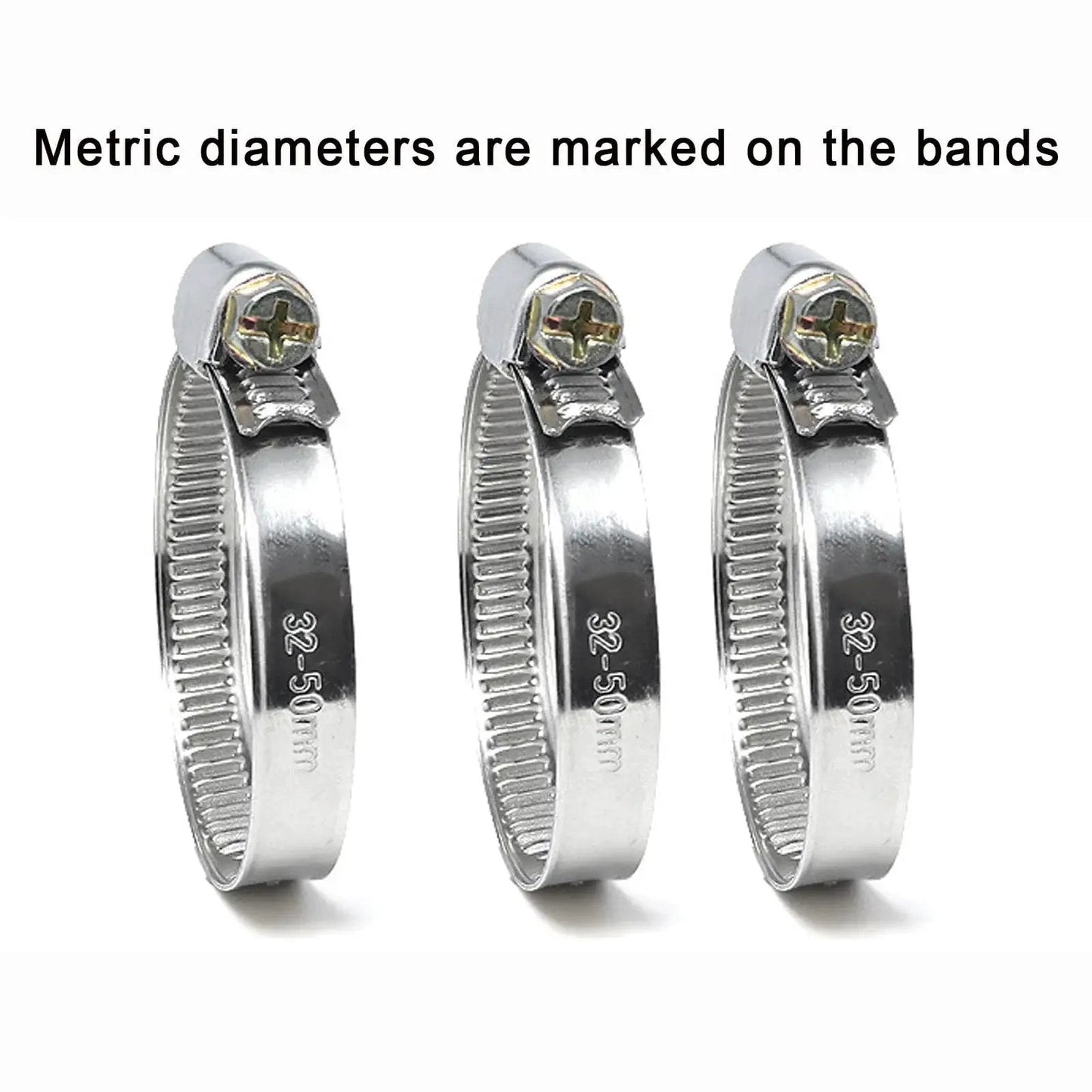 Three stainless steel hose clamps with metric sizes, from the 90 Piece Stainless Steel Hose Clamps Set For Automotive Radiators And Pool Hoses.