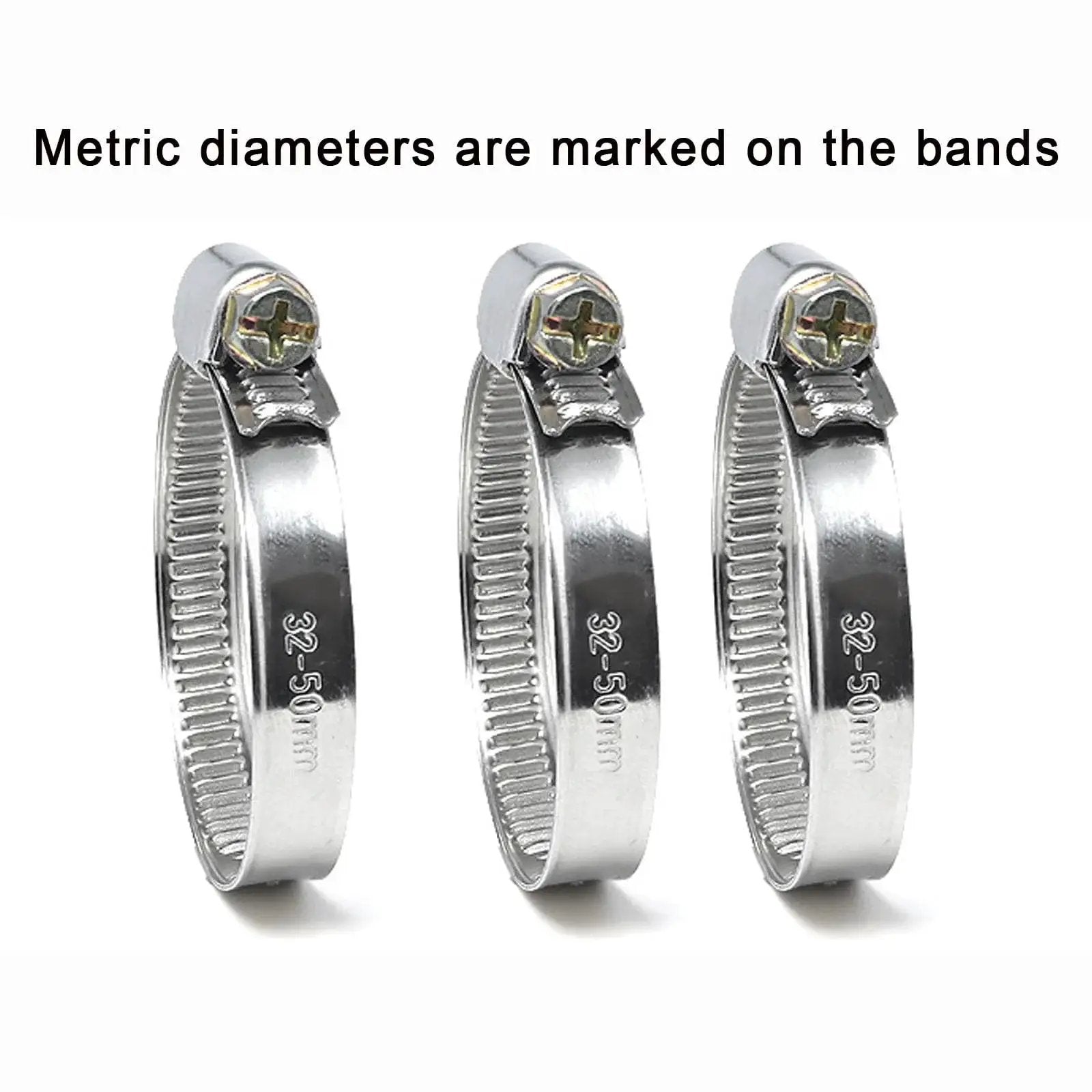 Three stainless steel hose clamps with metric sizes, from the 90 Piece Stainless Steel Hose Clamps Set For Automotive Radiators And Pool Hoses.