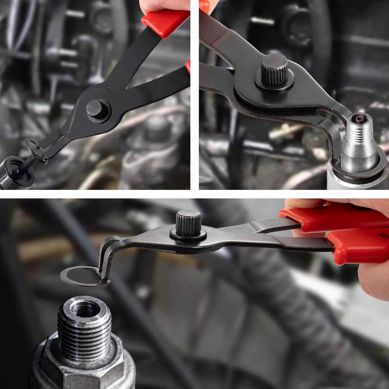 Close-up of Snap Ring Pliers Set 10 Piece Kit for Internal and External Retaining Rings with bent tips in automotive use