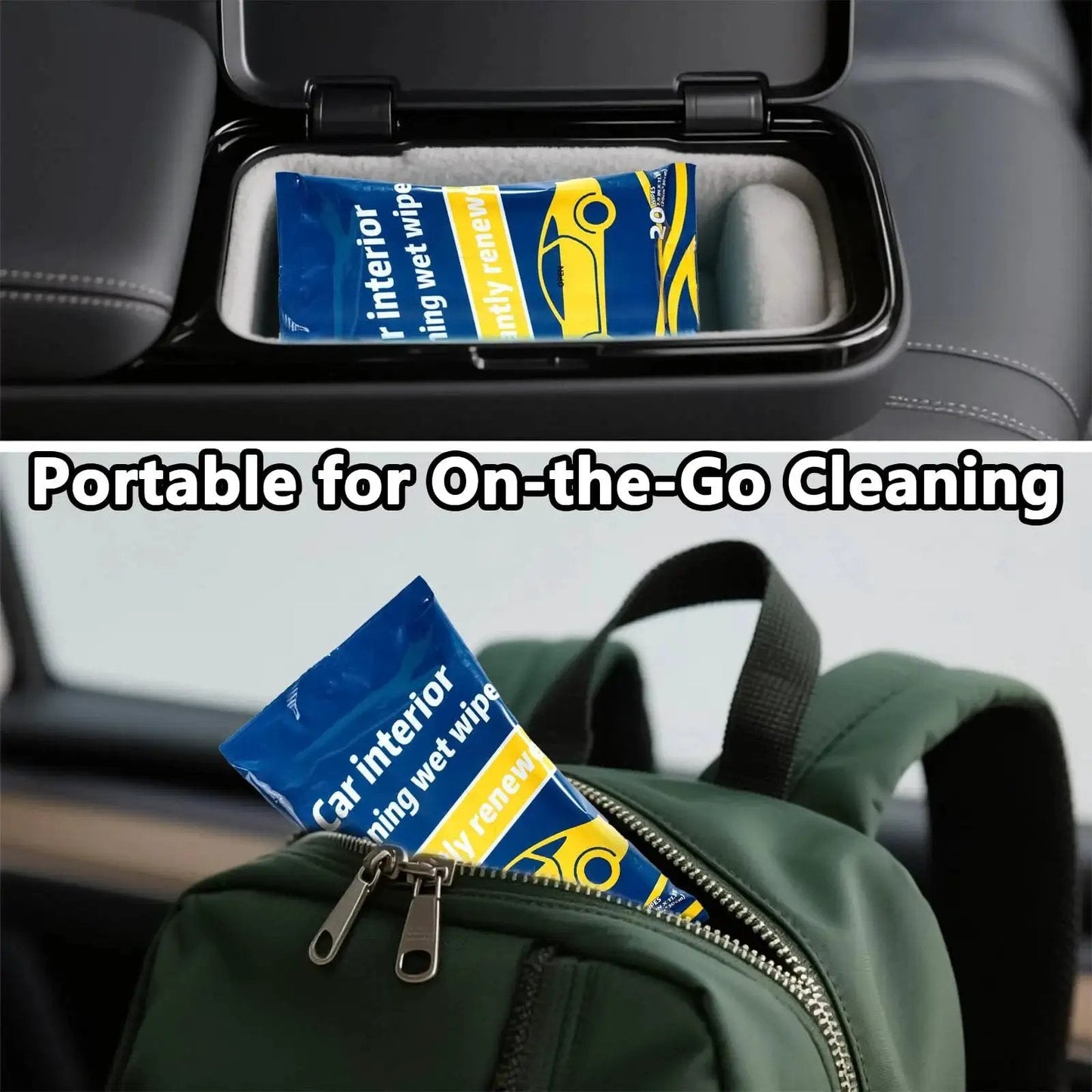 Plant Based Car Interior Cleaning Wipes Multi Surface Cloths in car console and backpack for portability