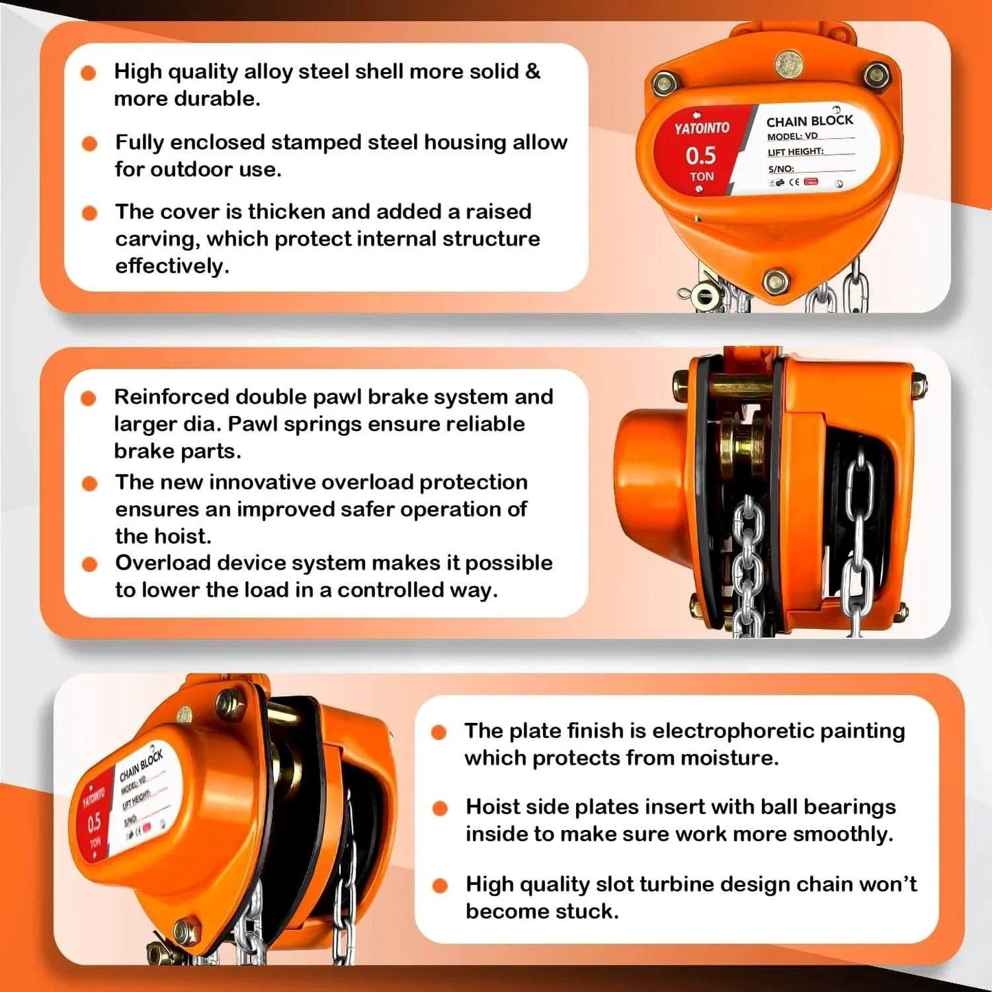Half Ton Manual Chain Hoist With 10 Ft Lift And 1100 Lb Capacity Dual Hooks Industrial Grade with alloy steel casing and brake system