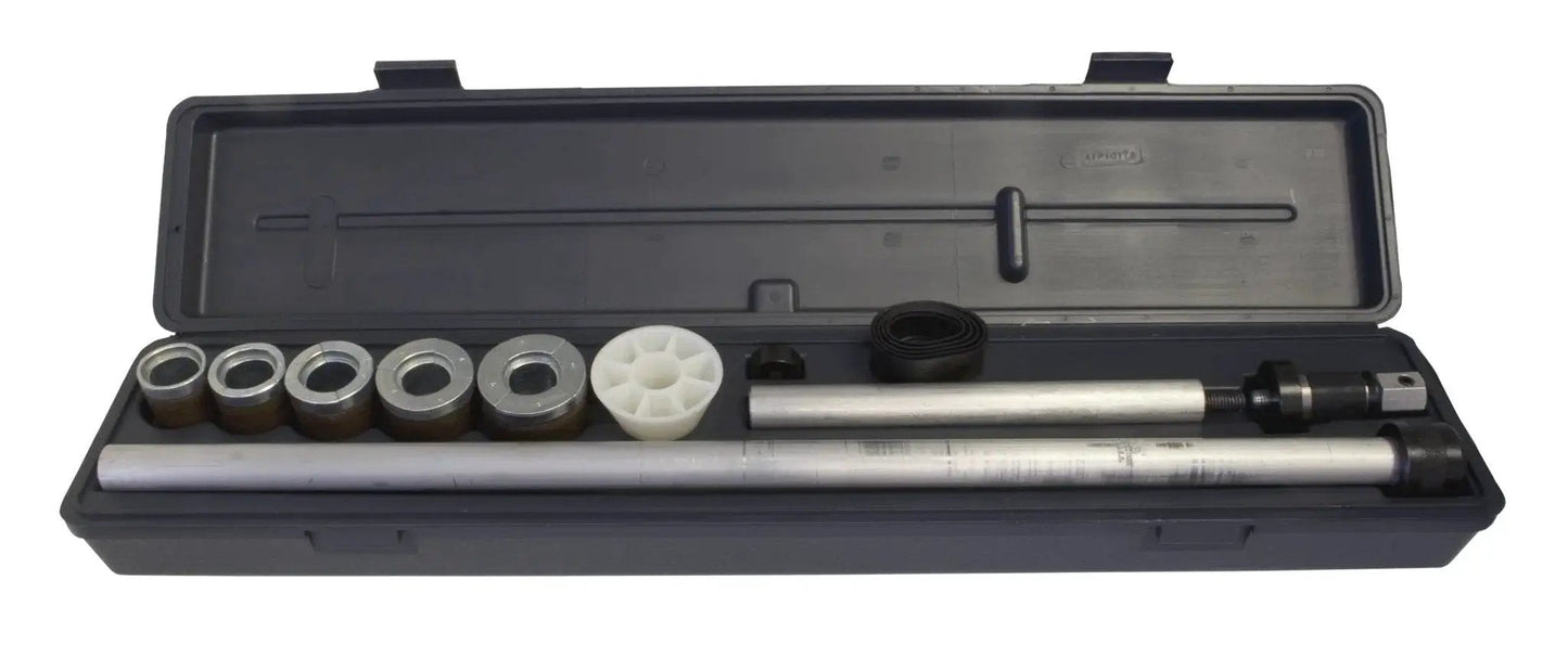 Universal Camshaft Bearing Tool Set For Removing And Installing Bearings In Most Engines Includes Driving Shaft And Extension Expander Unit Five Split Driving Plugs Two Driving Collars Centering Cone And Blow Molded Case open showing tools