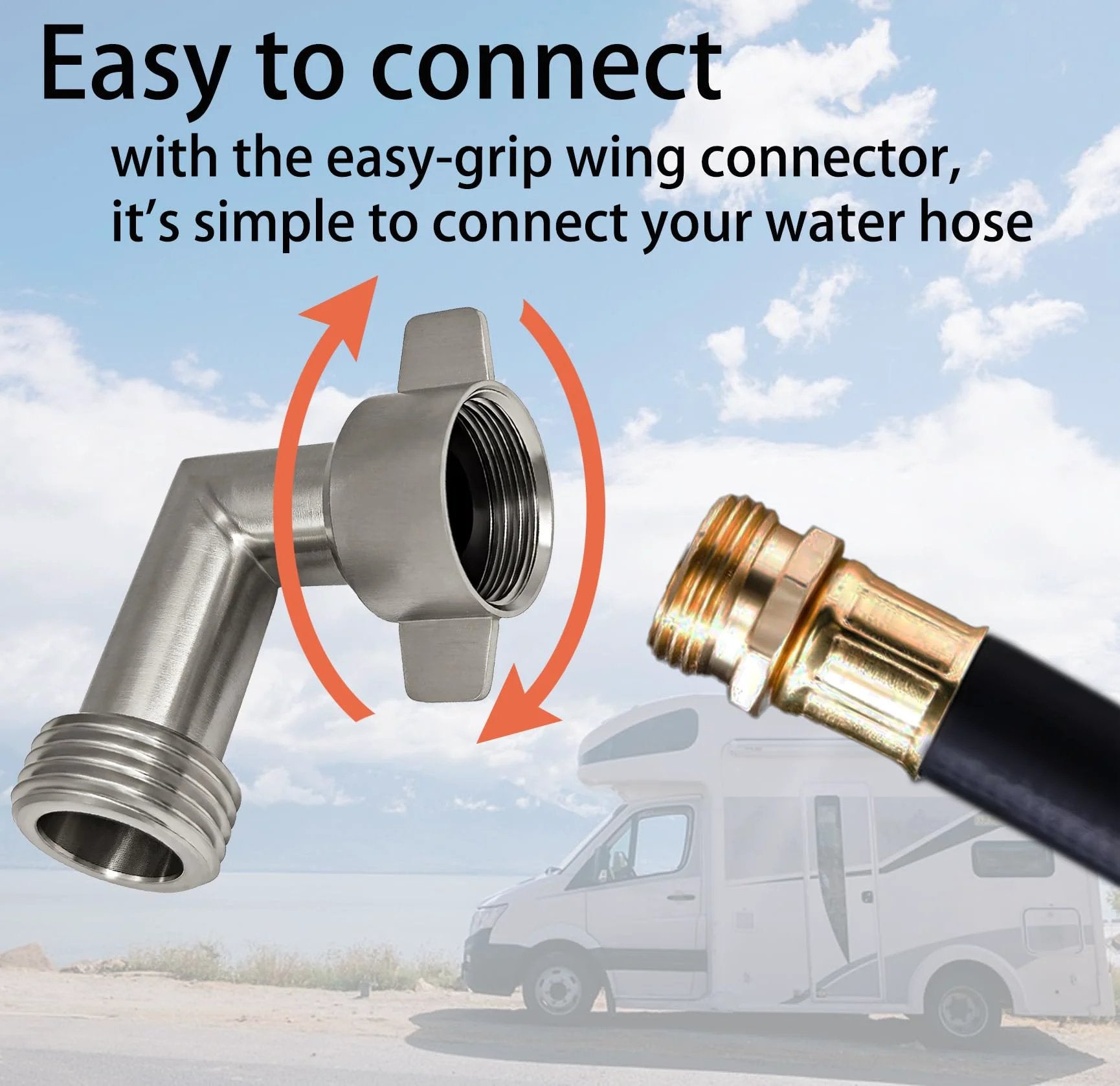 90 Degree Hose Elbow For RVs With Stainless Steel Construction And Easy Grip Connector in use with garden hose