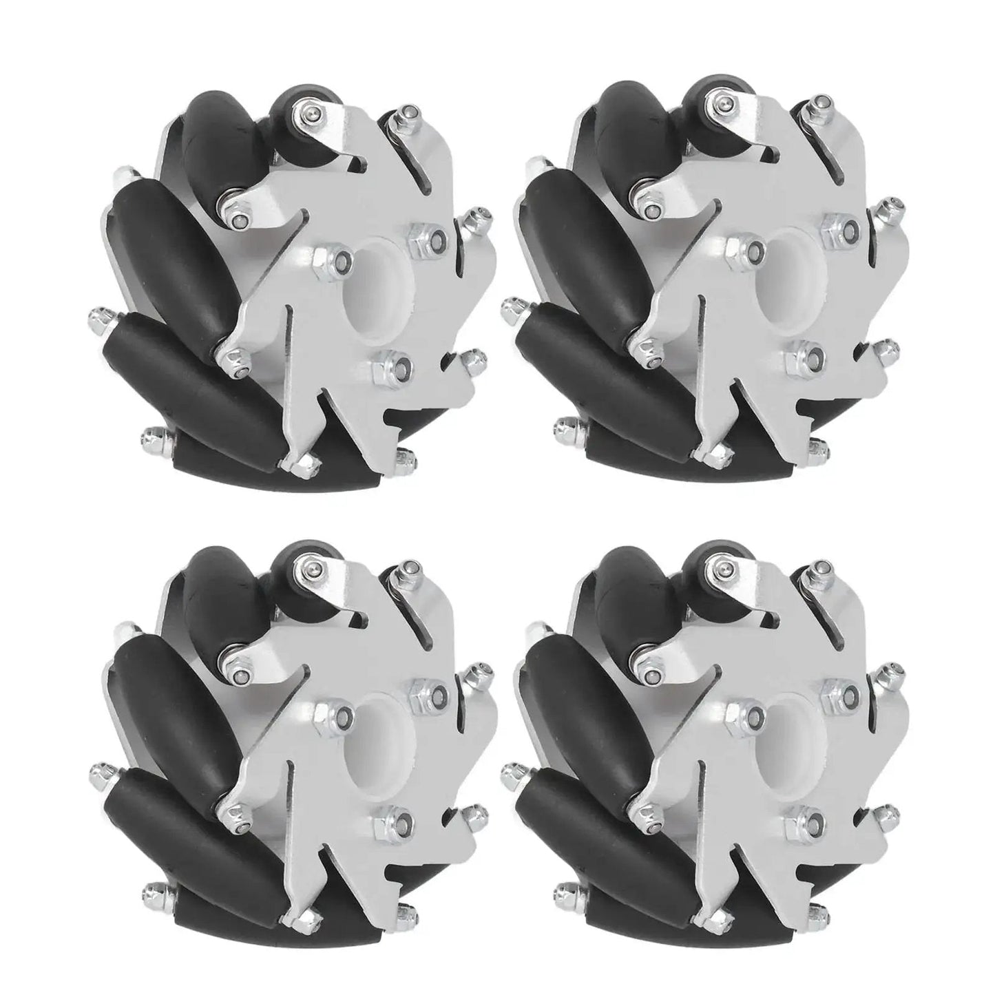 60mm Omni Directional Aluminum Alloy Wheel Set For RC Robots And DIY Projects Featuring Eight Rubber Rollers Per Wheel And A 10kg Load Capacity Perfect For Small Robots And Hobbyist Builds Four Piece Set, side view.
