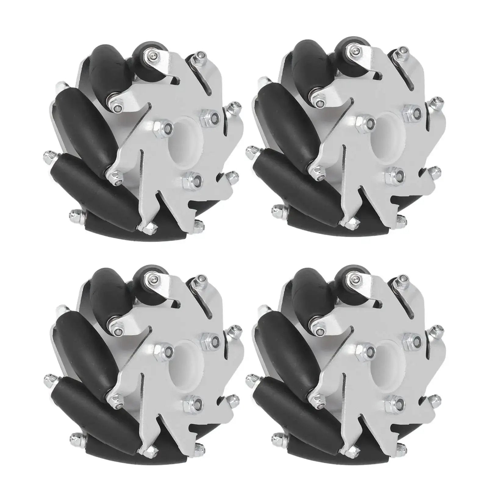 60mm Omni Directional Aluminum Alloy Wheel Set For RC Robots And DIY Projects Featuring Eight Rubber Rollers Per Wheel And A 10kg Load Capacity Perfect For Small Robots And Hobbyist Builds Four Piece Set, side view.