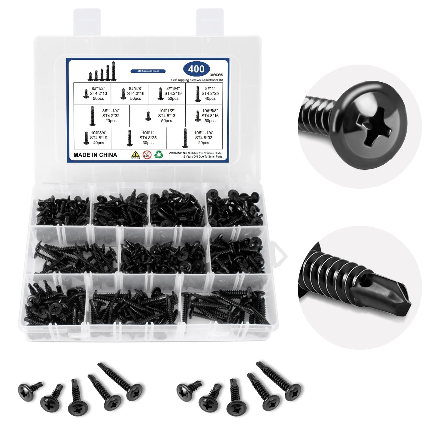 400 Piece Self Tapping Screws Set Made Of 410 Stainless Steel For Metal Wood And Plastic Size 8 And 10 1/2 Inch To 1-1/4 Inch Length Black Coated Pro Grade Handy Assorted Screws For Building Repair And DIY