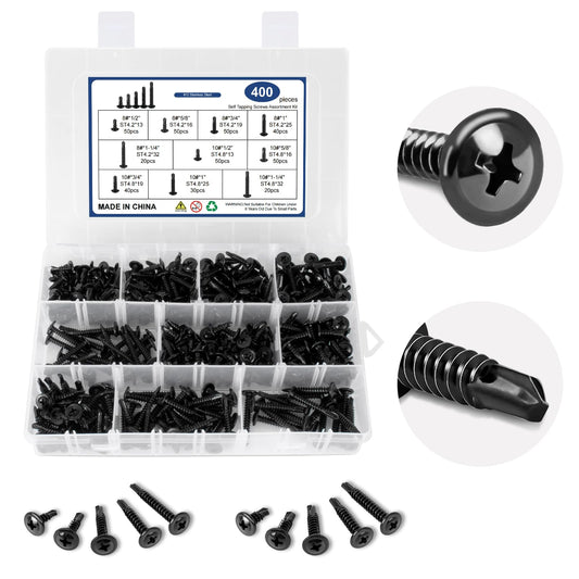 400 Piece Self Tapping Screws Set Made Of 410 Stainless Steel For Metal Wood And Plastic Size 8 And 10 1/2 Inch To 1-1/4 Inch Length Black Coated Pro Grade Handy Assorted Screws For Building Repair And DIY