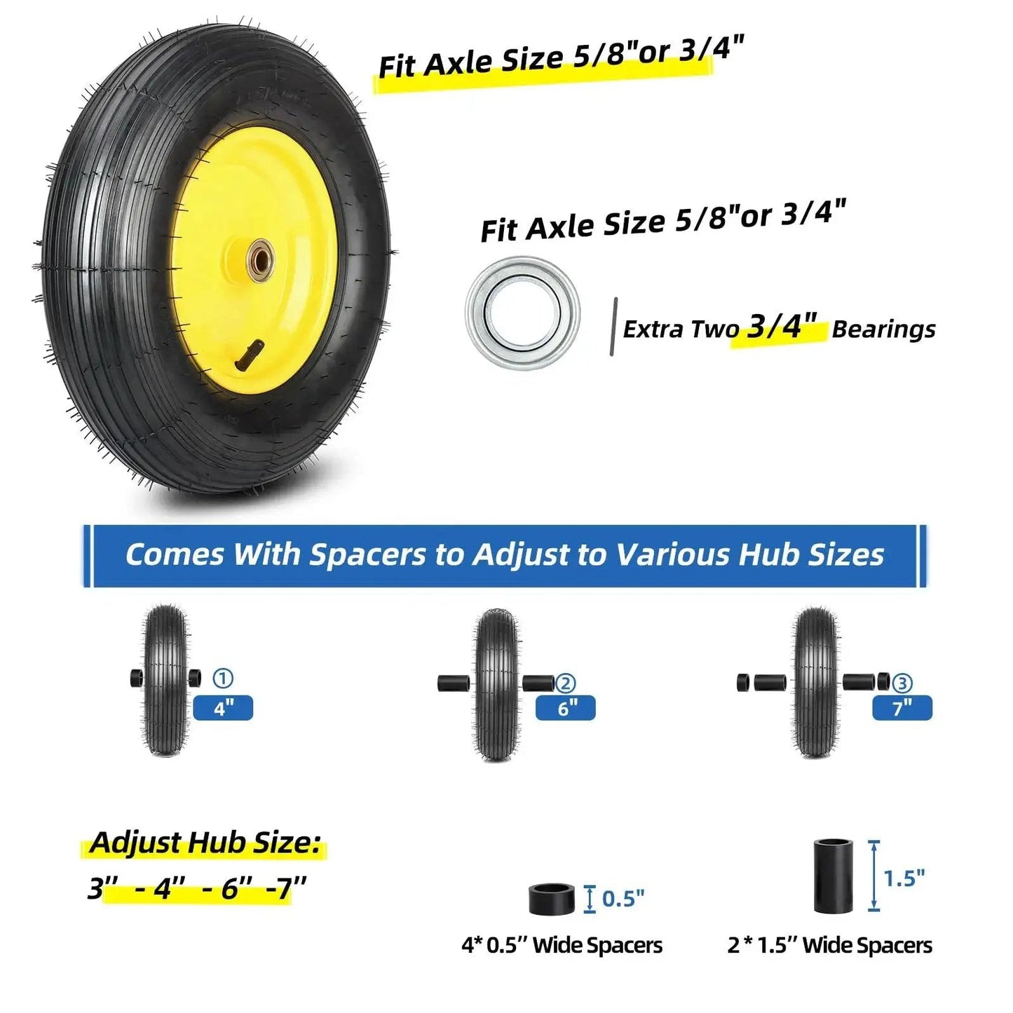 Two Pack 16 Inch Wheelbarrow Tire And Wheel With 4.80 4.00 8 Size Pneumatic Wheel Centered Hub 3 To 6 Inches And Five Eighths Inch And Three Quarters Inch Bearings For Hand Trucks Trolleys Garden Carts And Wagons Explorer Series with spacer options and bearing sizes shown