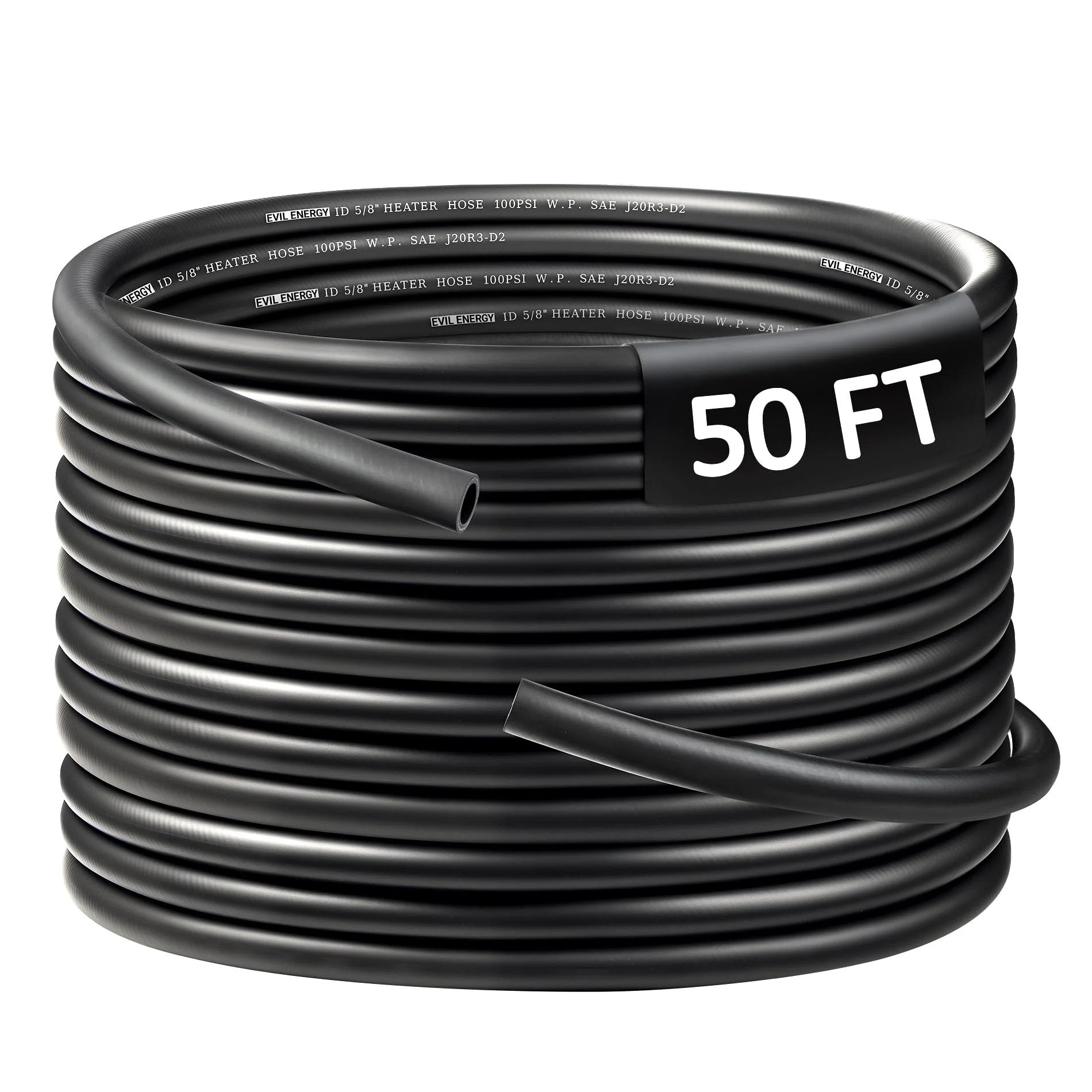 Coiled Five Eighth Inch Heater Hose, 50 Ft EPDM Radiator Coolant Hose, SAE 20R3 Standard, 100 PSI Working Pressure, Black.