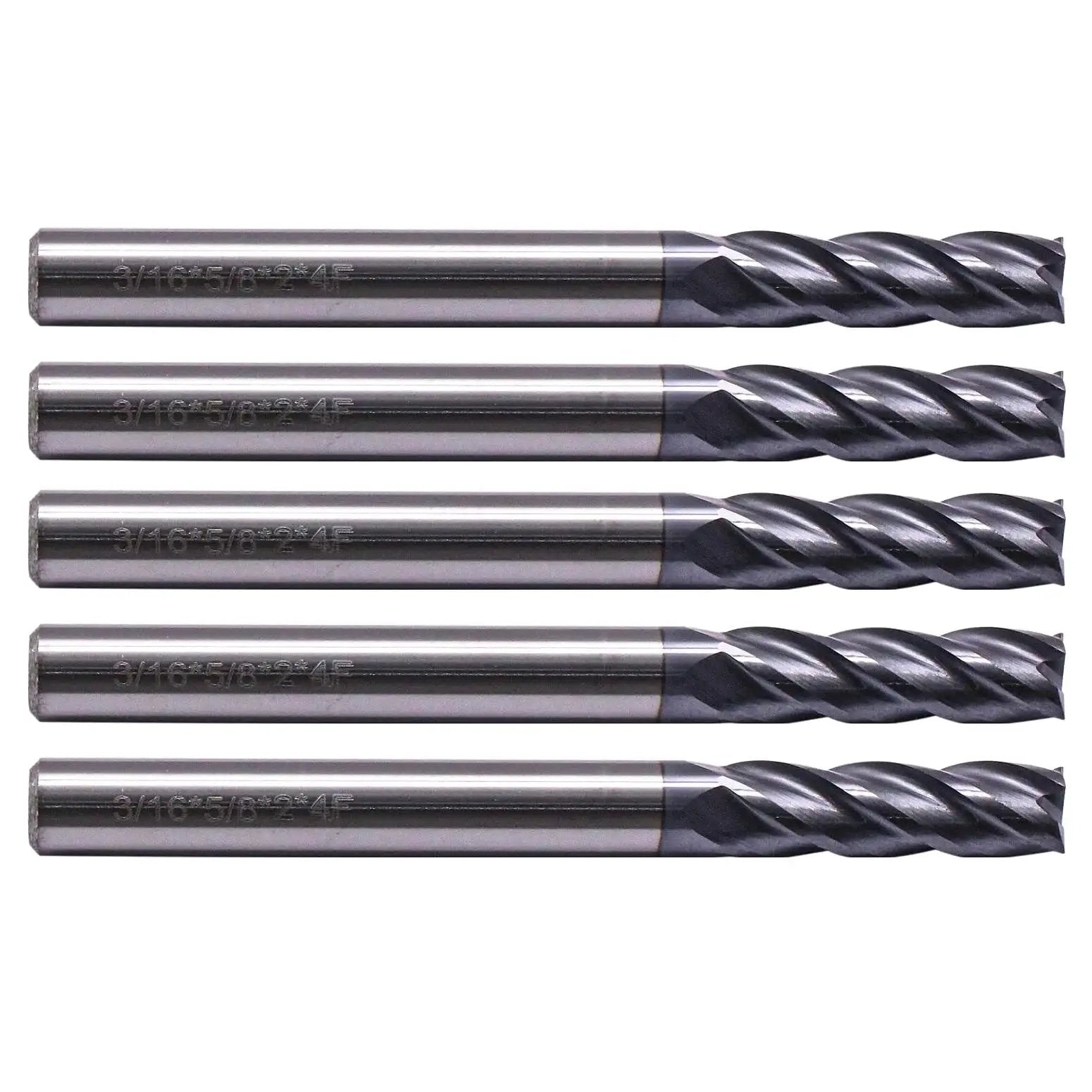 Heavy Duty 5 Piece Solid Carbide End Mills Set AlTiN Coated Square End Mills 4 Flute 30 Degree Helix visible side view