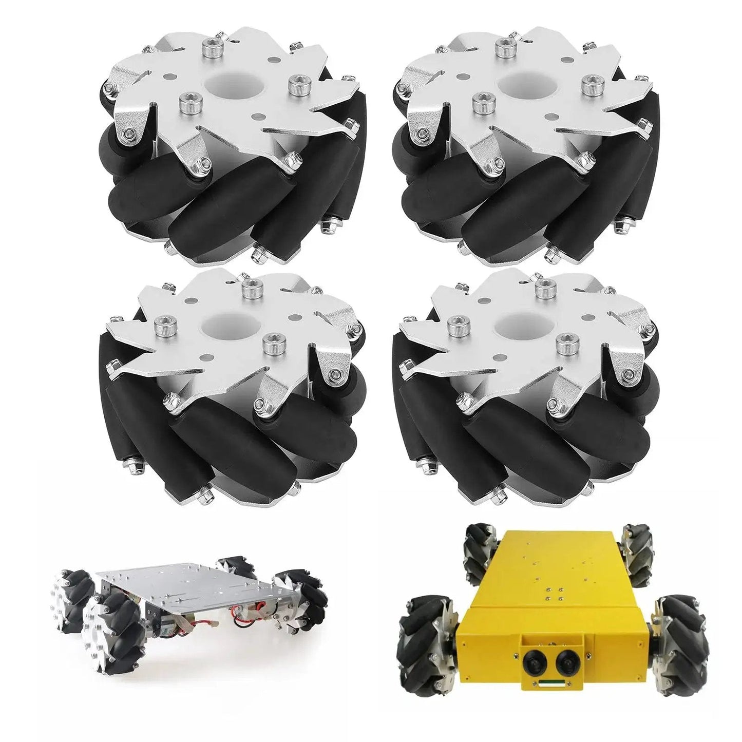 Mecanum Wheel Set Four 100mm Durable Steel Aluminum Frame Mecanum Wheels With Grippy Rubber Rollers For Robot Cars And RC Cars