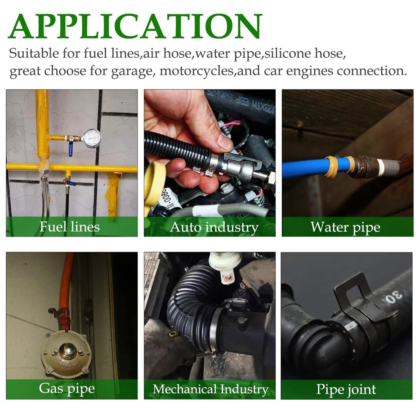 Application examples for 40 Pack Spring Band Hose Clamps Kit One Quarter Inch ID 6mm Band Clamp Black For Fuel Line Water Pipe Air Tube Silicone Hose Fits Six Point Five To Seven Point Two Millimeter Outer Diameter All Purpose Automotive Grade.