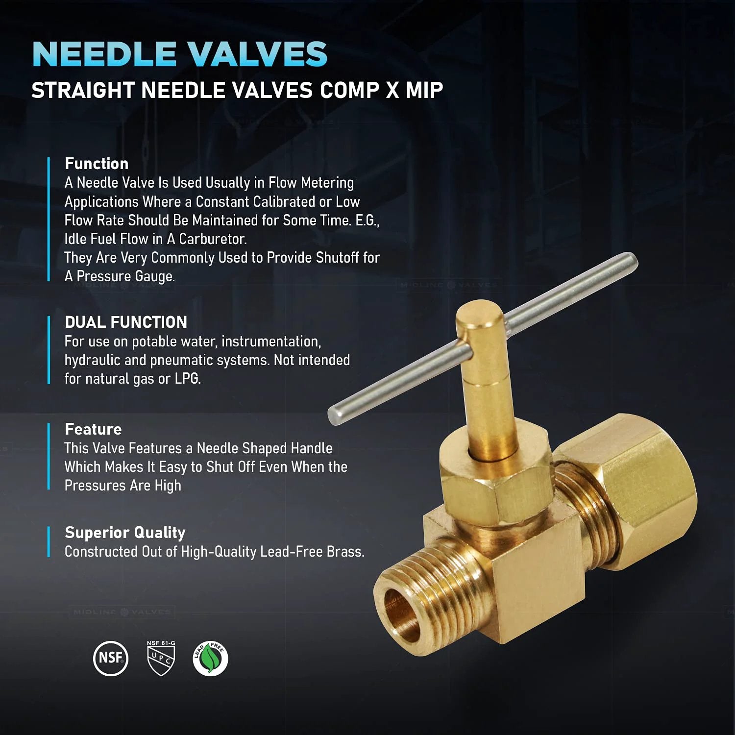 One Quarter Inch Compression To One Eighth Inch MIP Straight Needle Valve In Lead Free Brass, one-piece body front view.