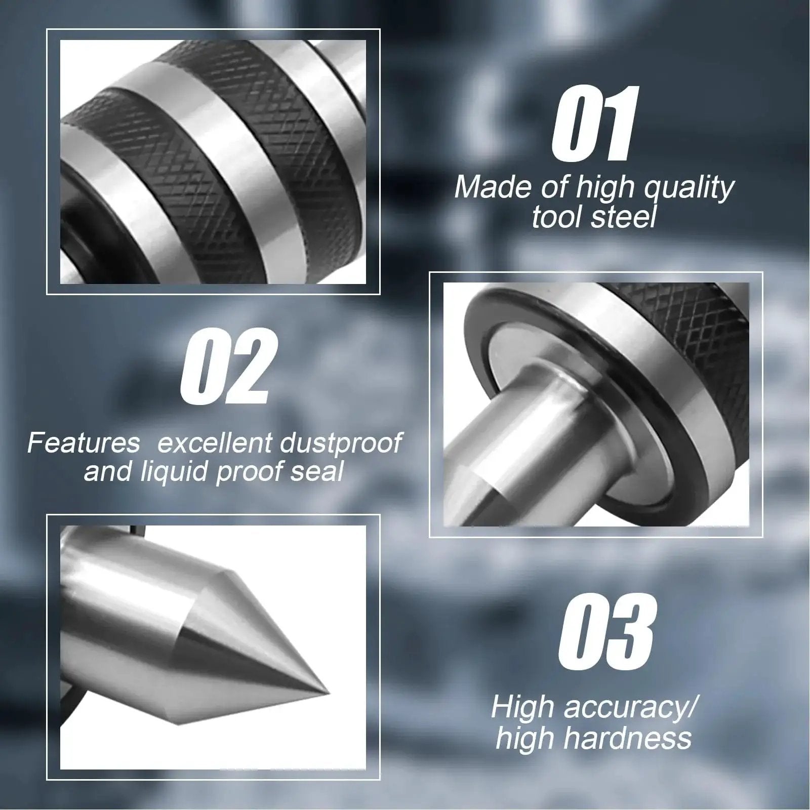 2MT Morse Taper Live Center 60 Degree With Triple Bearing Design showing quality steel, dustproof seal, and high accuracy features