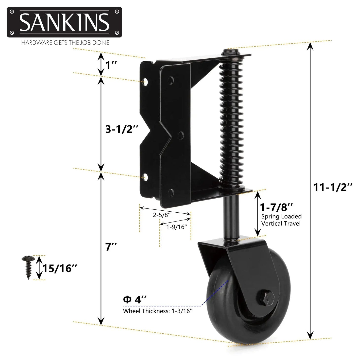 Spring Loaded Gate Caster For Wooden Gates And PVC Fences With 4 Inch Wheel, Heavy Duty Gate Wheel Caster with measurements.