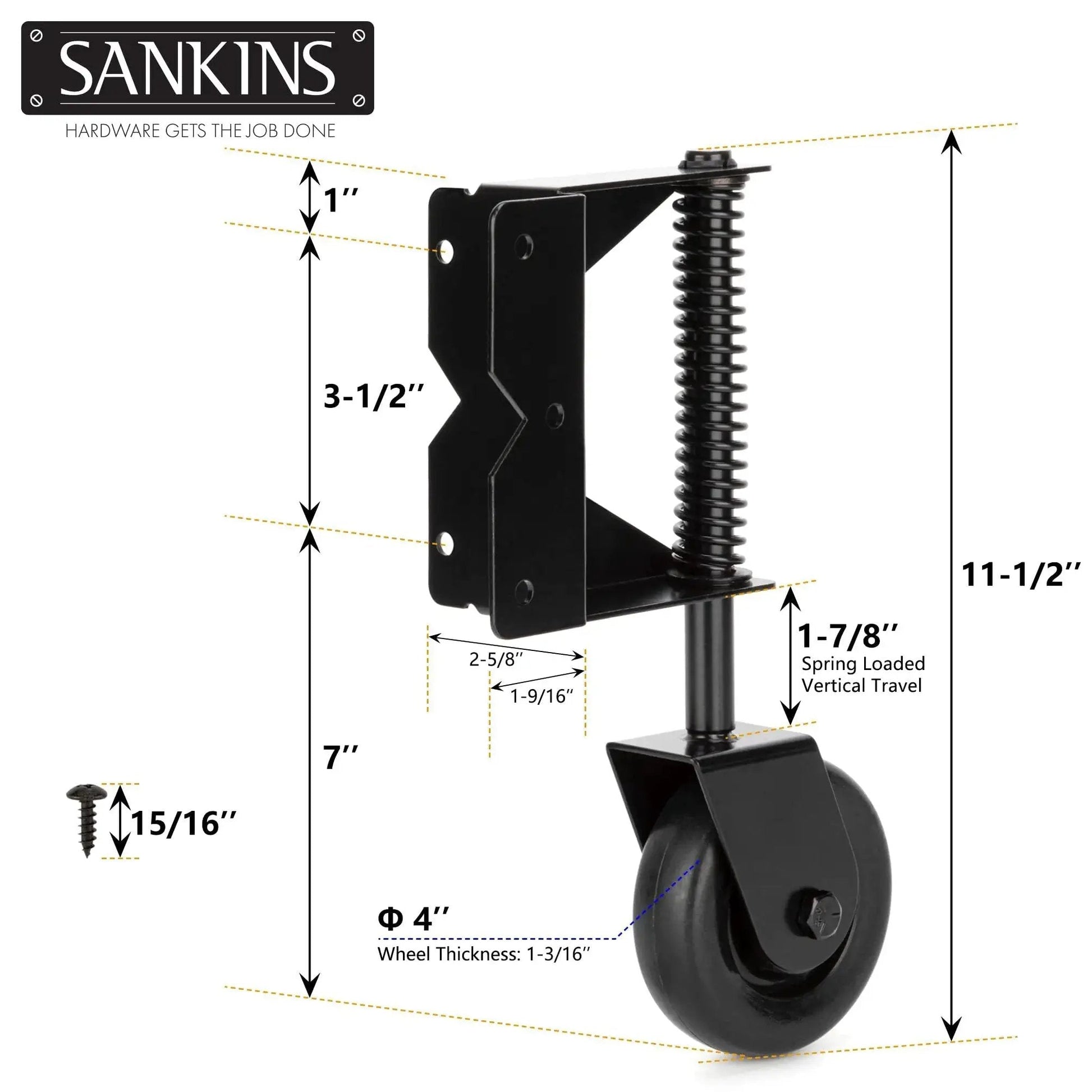 Spring Loaded Gate Caster For Wooden Gates And PVC Fences With 4 Inch Wheel, Heavy Duty Gate Wheel Caster with measurements.