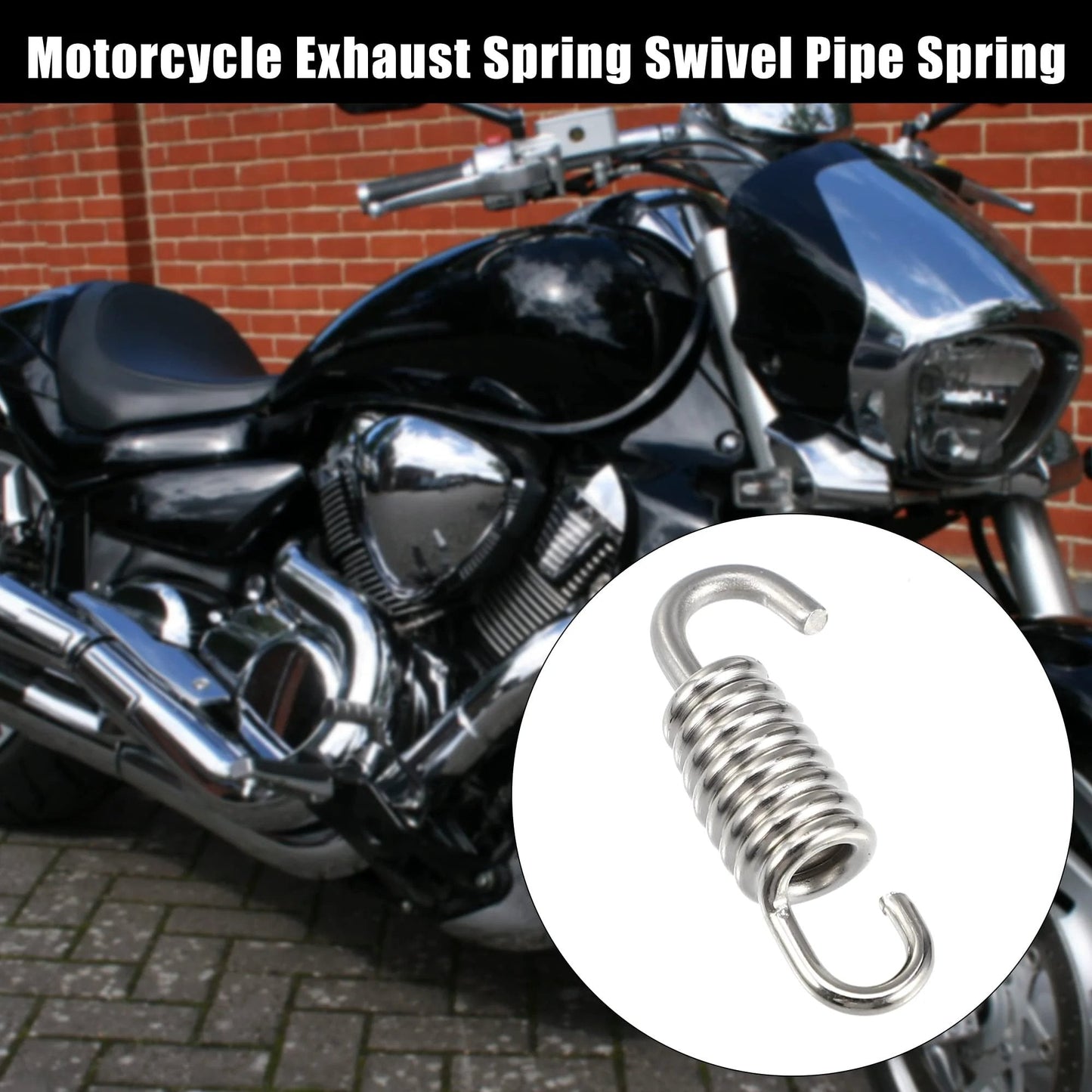 Two Pack Universal Motorcycle Exhaust Pipe Spring Set 43mm 1.69 Inch Stainless Steel Swivel Hook Design for Most Motorcycles Scooters ATVs Easy to Install and Durable Modified Accessory close-up next to a motorcycle.