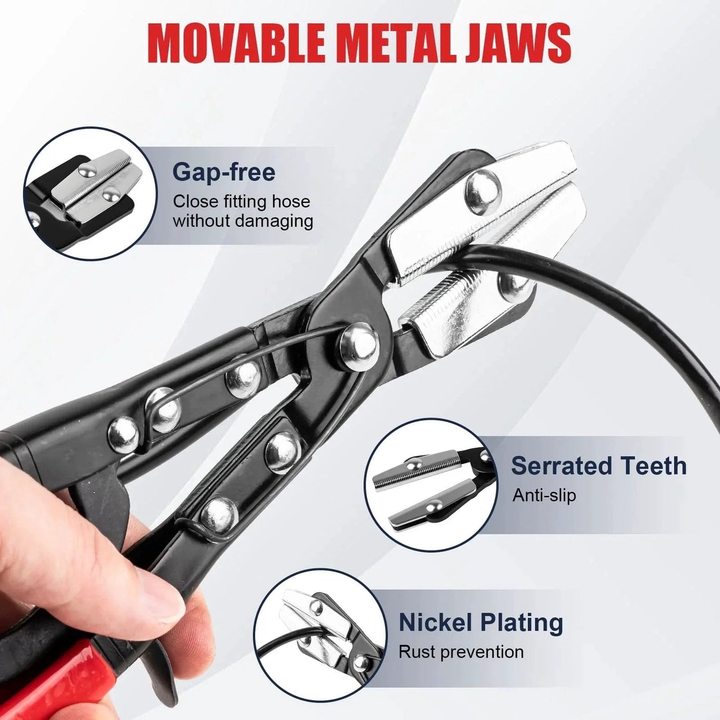 Close-up of Three Piece Ratchet Hose Pinch Off Pliers Set With 8 Inch 10 Inch And 12 Inch Locking Fuel Line Pliers, showing movable jaws.