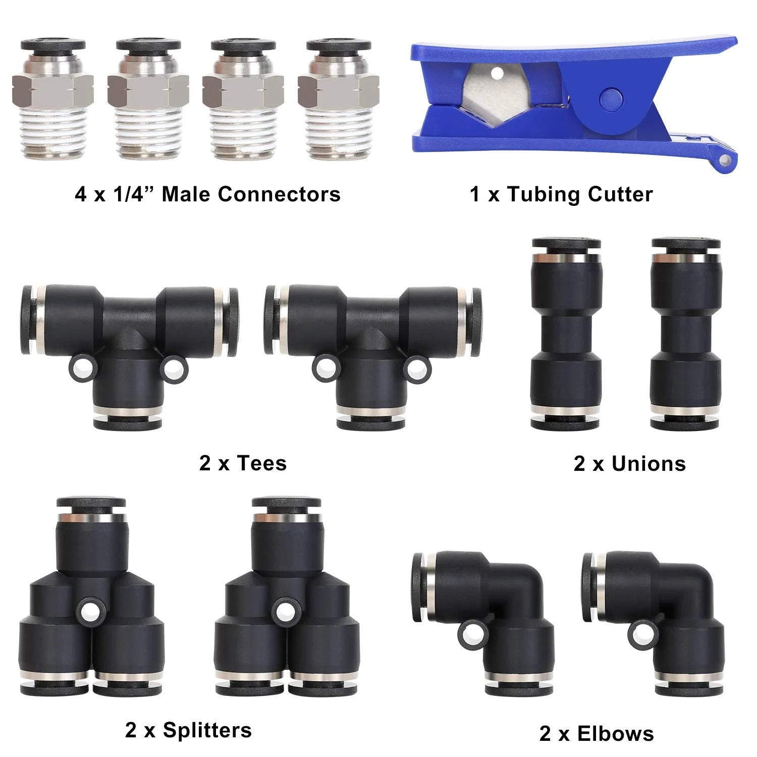 DIY Air Line Tubing Kit One Quarter Inch PU Tube 32.8 Feet With Push To Connect Fittings 14 Piece Compressed Air Accessories Kit For Building Your Own Pressurized Air System Keeps Your Workshop Neat And Organized showing connectors, tees, unions, splitters, elbows, and tubing cutter.