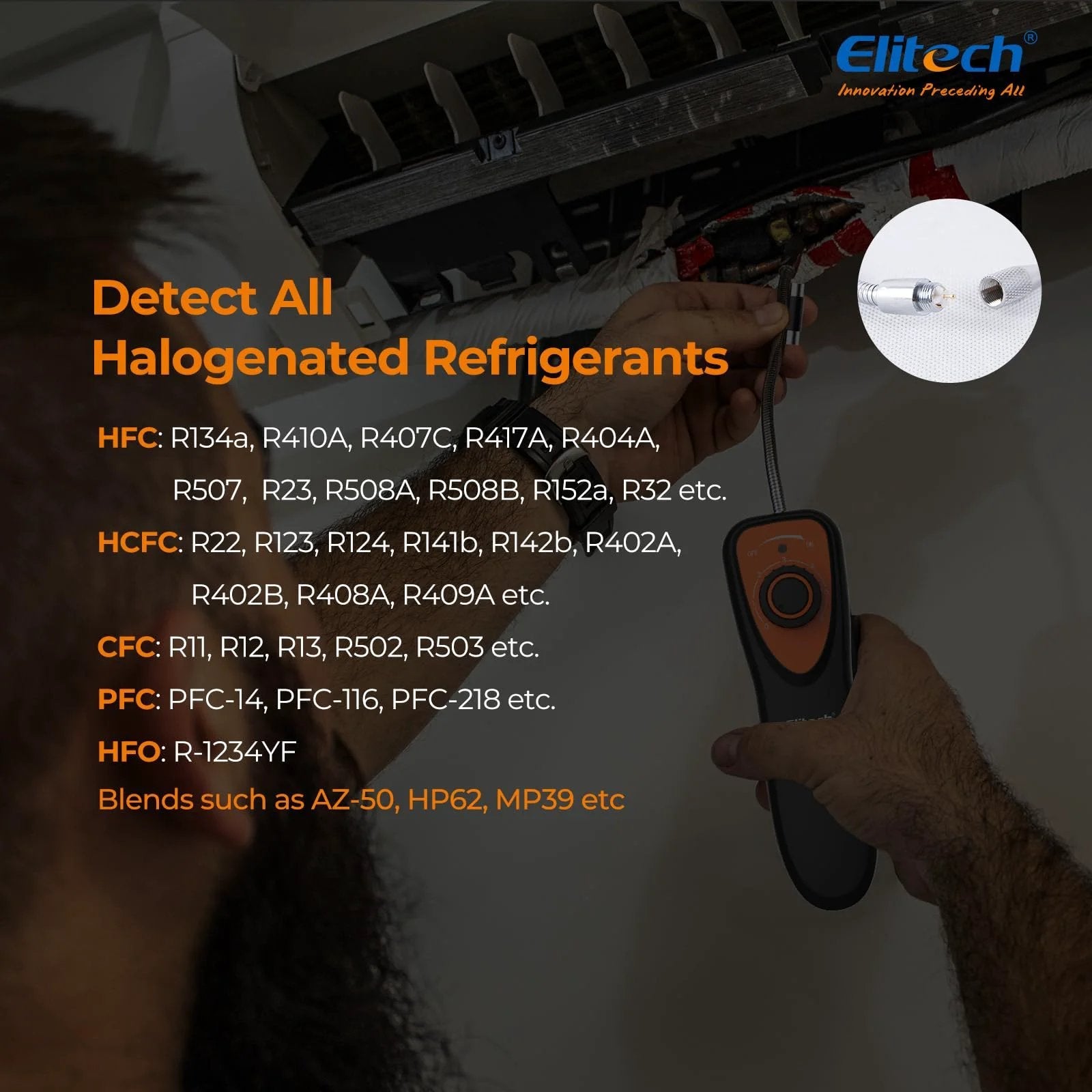 Person using Advanced Freon Leak Detector for Car HVAC Systems with 6 Second Preheat and Adjustable Sensitivity in air conditioning unit