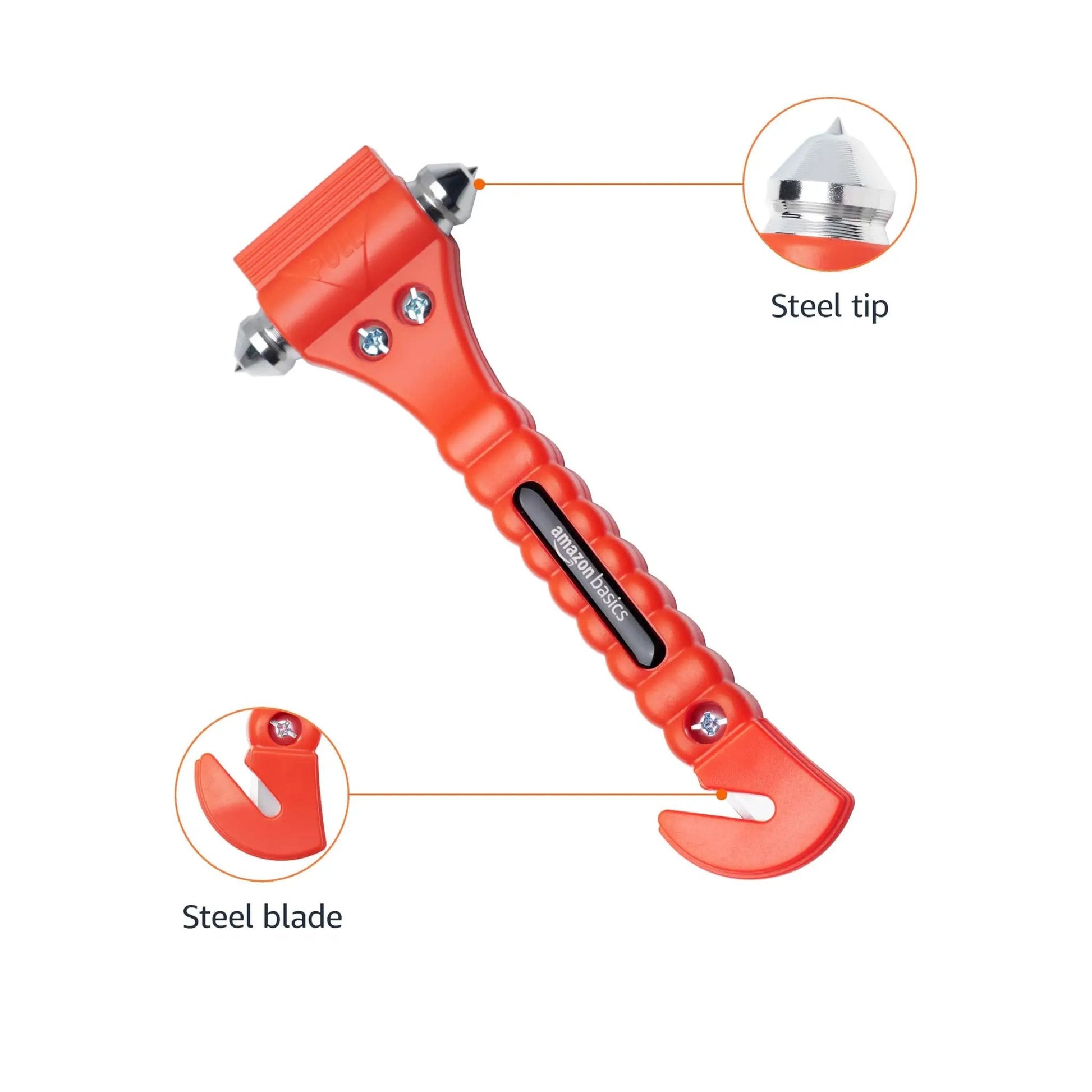 Emergency Escape Tool Kit With Window Breaker And Seatbelt Cutter For Cars Bright Orange Safety Hammer In Protective Bracket 2 Pack Tungsten Head Non Slip Grip SW-835, close view of orange tool with steel tip and blade.