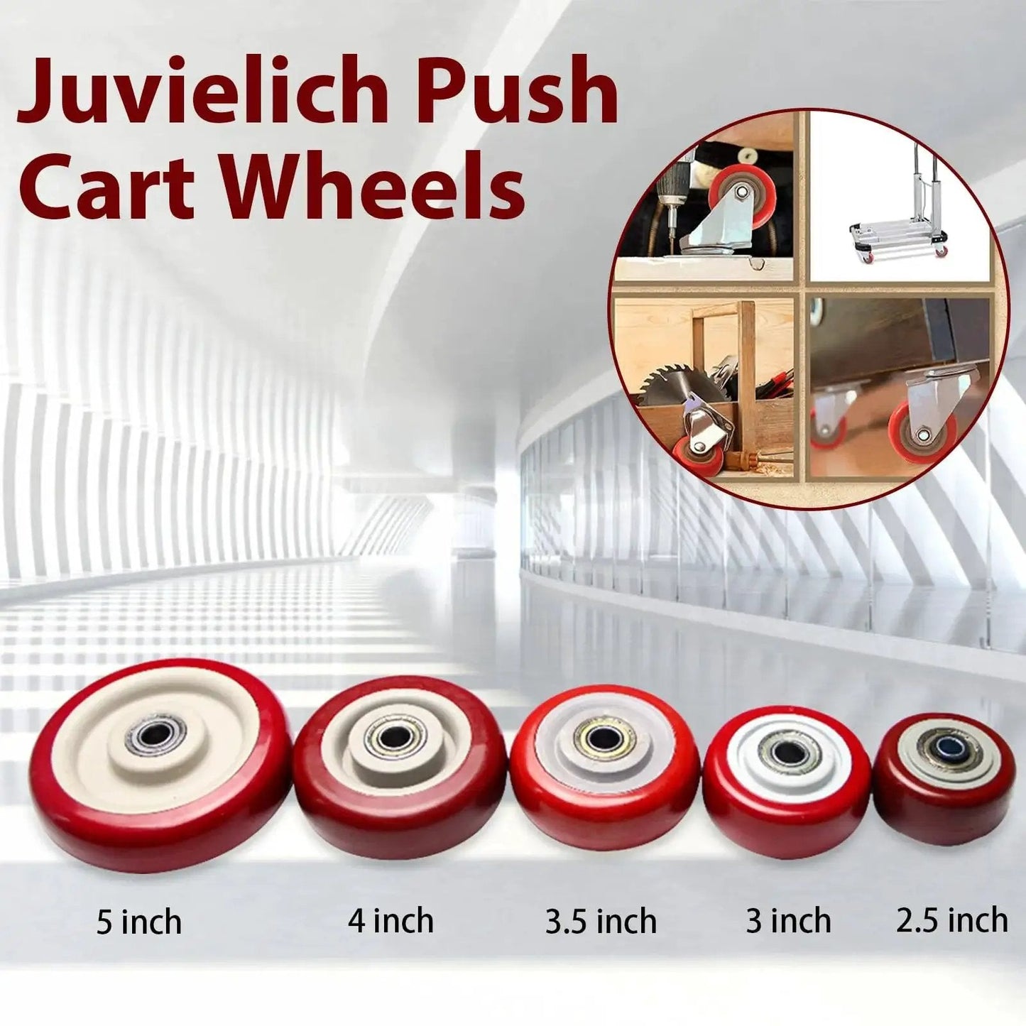 Five assorted size Juvielich push cart wheels, red and gray, showcasing 5 inch to 2.5 inch sizes in a futuristic hallway setting.