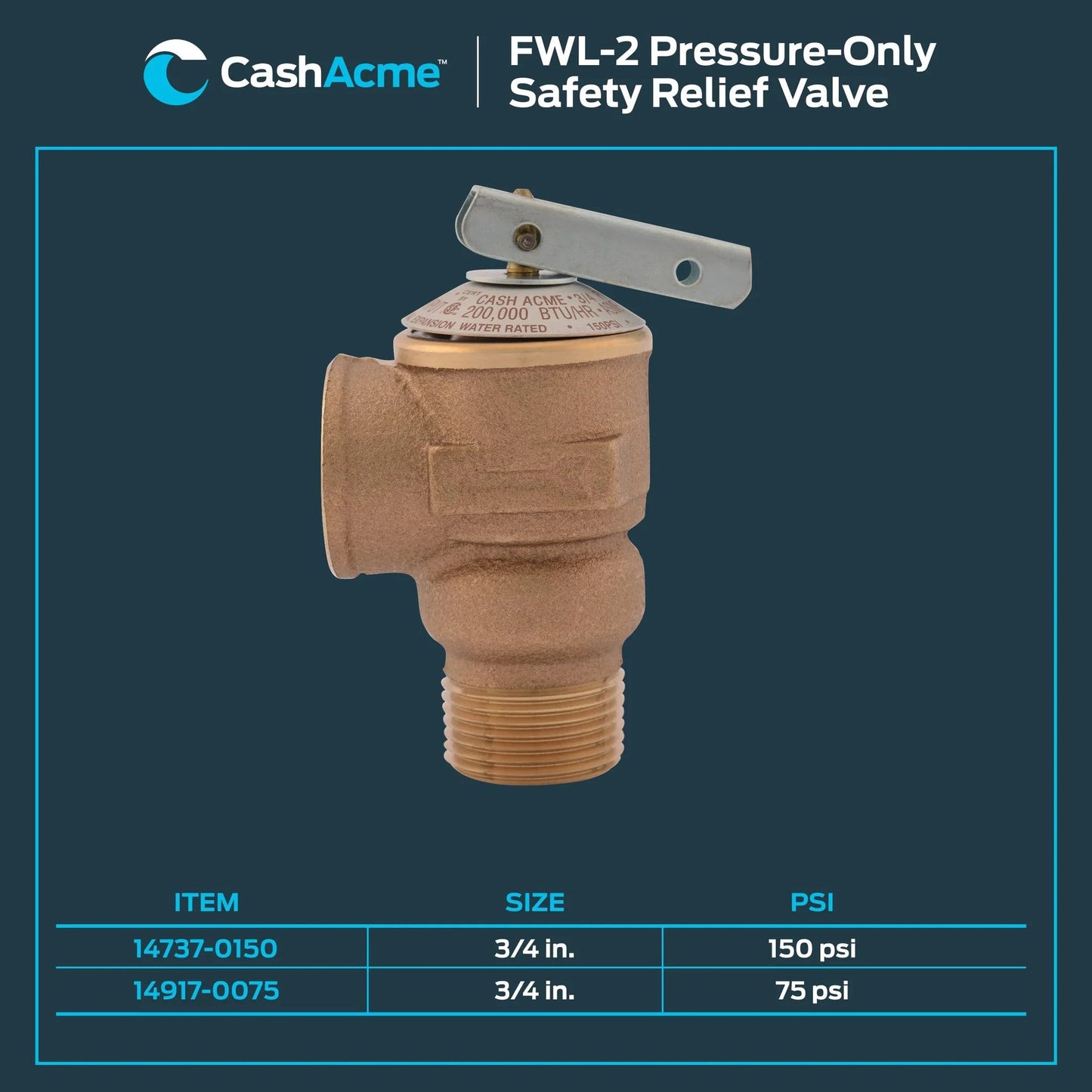 Three Quarter Inch RV Water Heater Pressure Relief Valve Bronze Body 75 PSI FWL2 With MIP Inlet And FIP Outlet