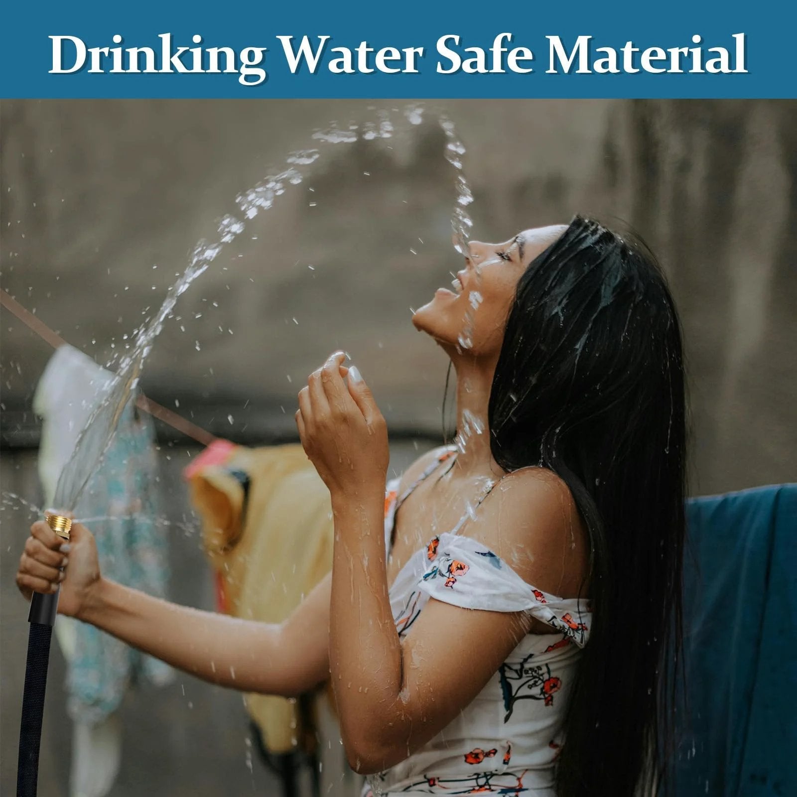 Person drinking from Ultra Flexible TPE Garden Hose 50 Feet With Solid Brass Fittings For All Weather Use, PVC Free And Drinking Water Safe