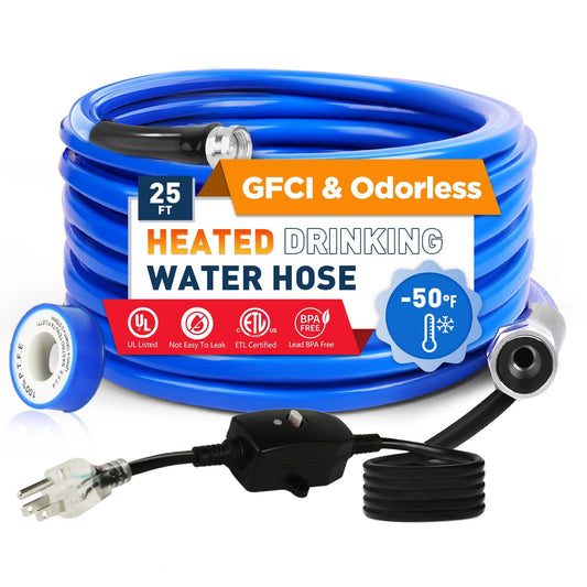 Heated Water Hose for RV and Garden with Self Regulating Tech and Leakage Protection No Fuss Winter Ready Five Eighths Inch Inner Diameter and Three Quarters Inch NH Fittings Ten to Fifty Feet at 120 Volts by XPORTION coiled with connectors