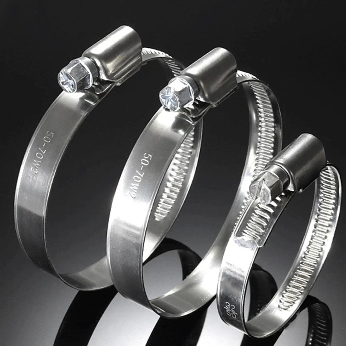 Close-up of 90 Piece Stainless Steel Hose Clamps Set for Automotive Radiators and Pool Hoses, various sizes, heavy duty worm gear.