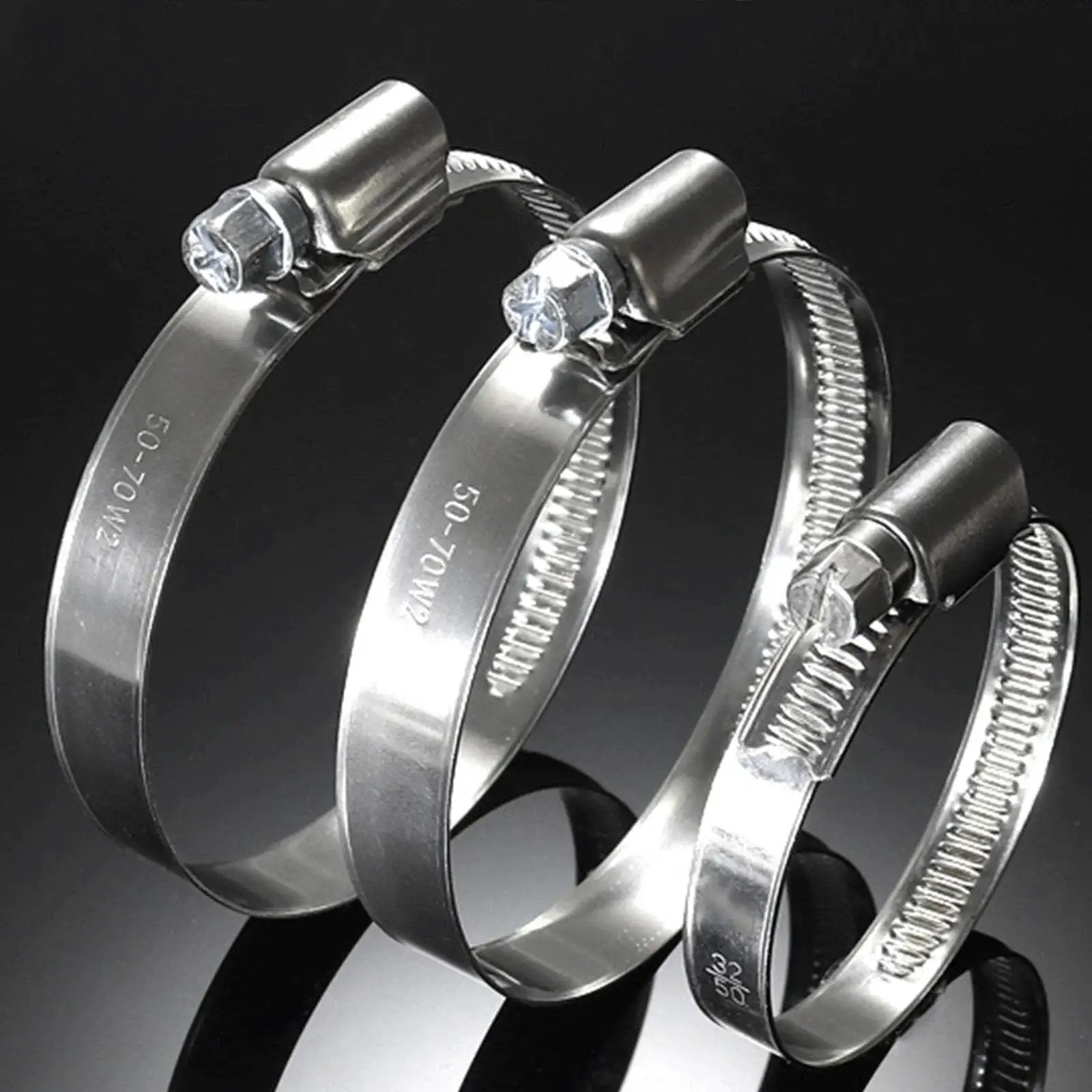 Close-up of 90 Piece Stainless Steel Hose Clamps Set for Automotive Radiators and Pool Hoses, various sizes, heavy duty worm gear.