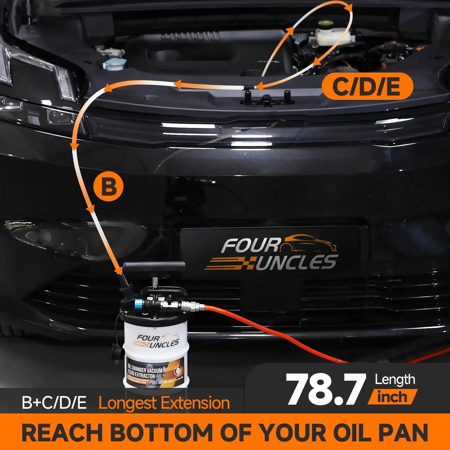 Dual Mode Oil Extractor 6.5L For Oil Change With 4 Tubes And Brake Bleed Hose connected to car engine