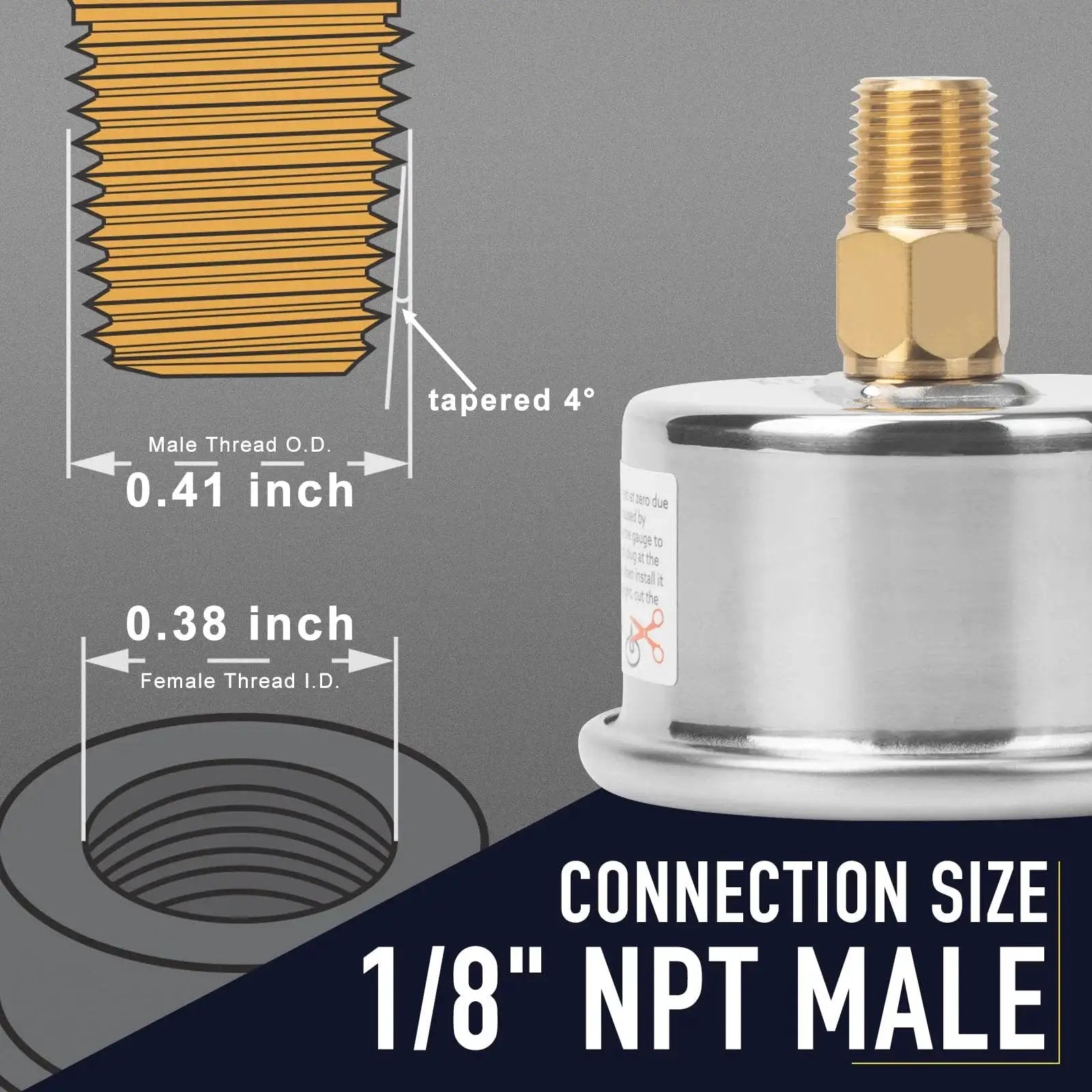 Close-up of 1/8 inch NPT male connection with brass fitting on an Inline Low Pressure Fuel Gauge For Oil Water And Air With One And A Half Inch Dial