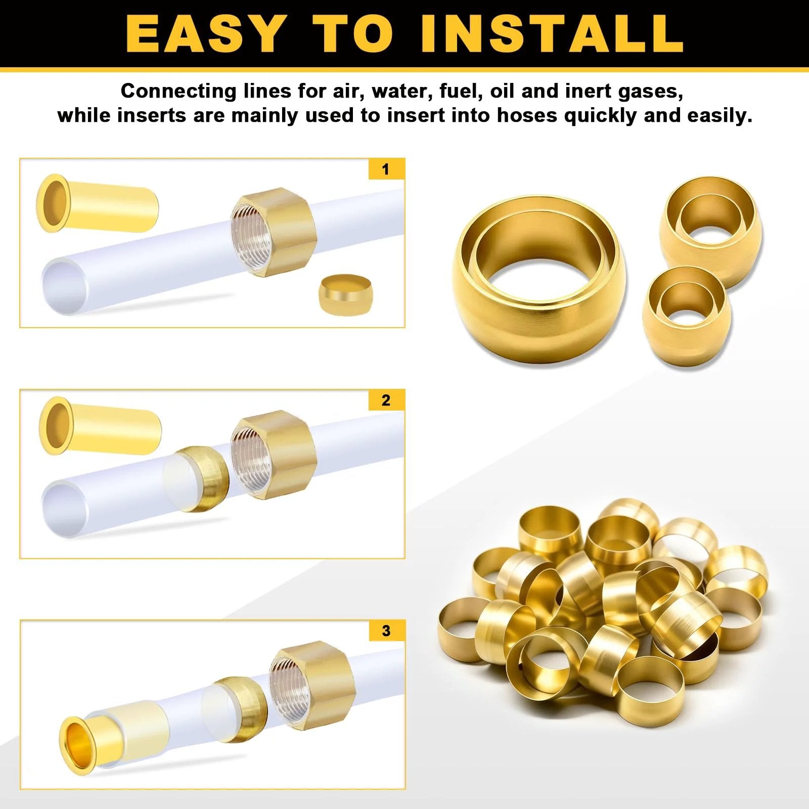 Rugged Brass Compression Sleeves Ferrules For Five Eighths Inch Tube OD Fit For DOT Air Brake Lines Water Fuel Oil Systems