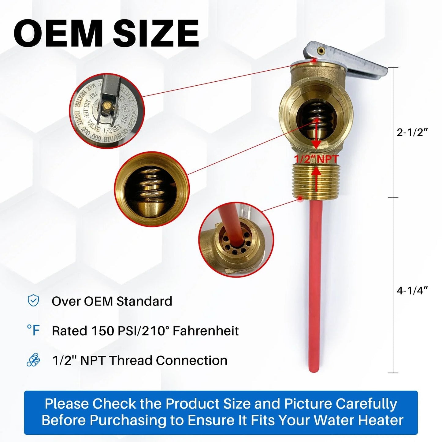 Beefed Up Heavy Duty One Half Inch NPT Temperature And Pressure Relief Valve For RV Water Heaters, 210 Degrees Fahrenheit, 150 PSI, Brass Safety Valve With Extended Probe For Atwood Dometic Hot Water Tanks, shown with dimensions and specifications.