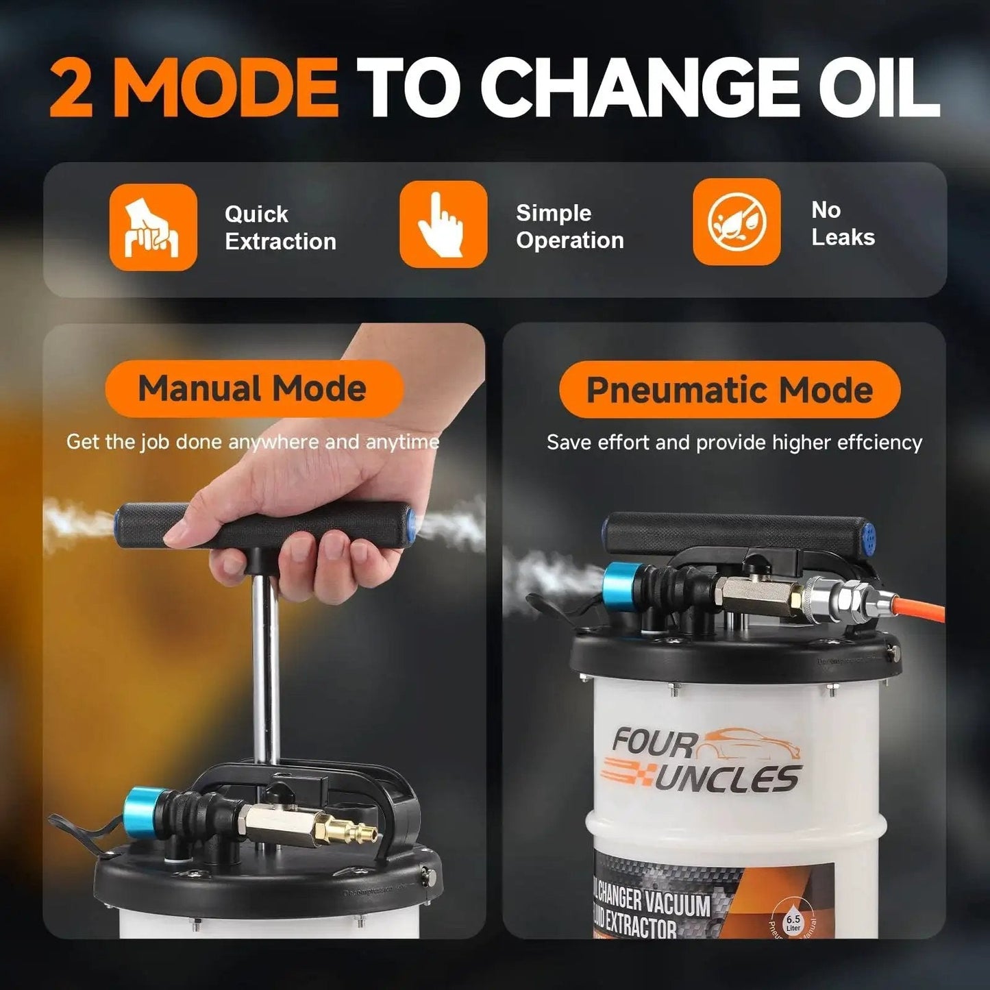 Dual Mode Oil Extractor 6.5L For Oil Change With 4 Tubes And Brake Bleed Hose showing manual and pneumatic modes
