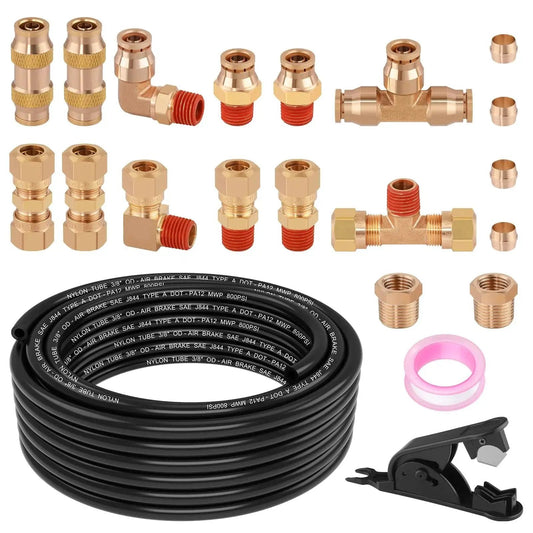 All In One 21 Piece 32.8 Ft Three Eighths DOT Air Line Fittings Kit with Quick Push To Connect and Compression Fittings