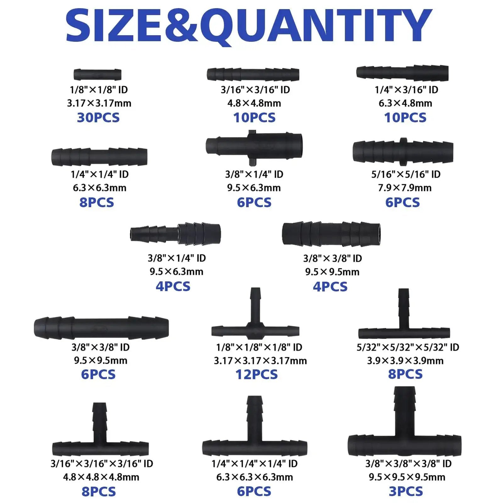Size and quantity chart for nylon automotive vacuum connector kit showing 14 sizes, including tee, reducer, and straight connectors.