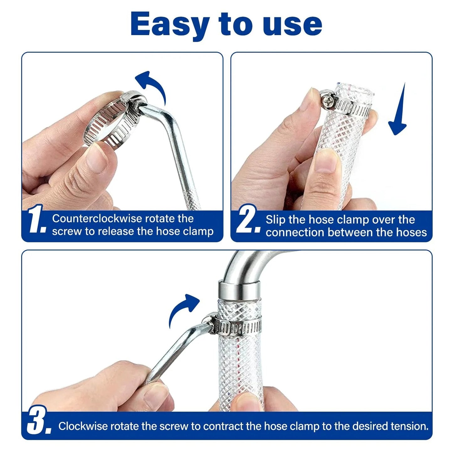 User demonstrating how to use Boss Grade Heavy Duty 201 Stainless Steel Hose Clamp Kit with 60 Pieces in seven adjustable sizes.