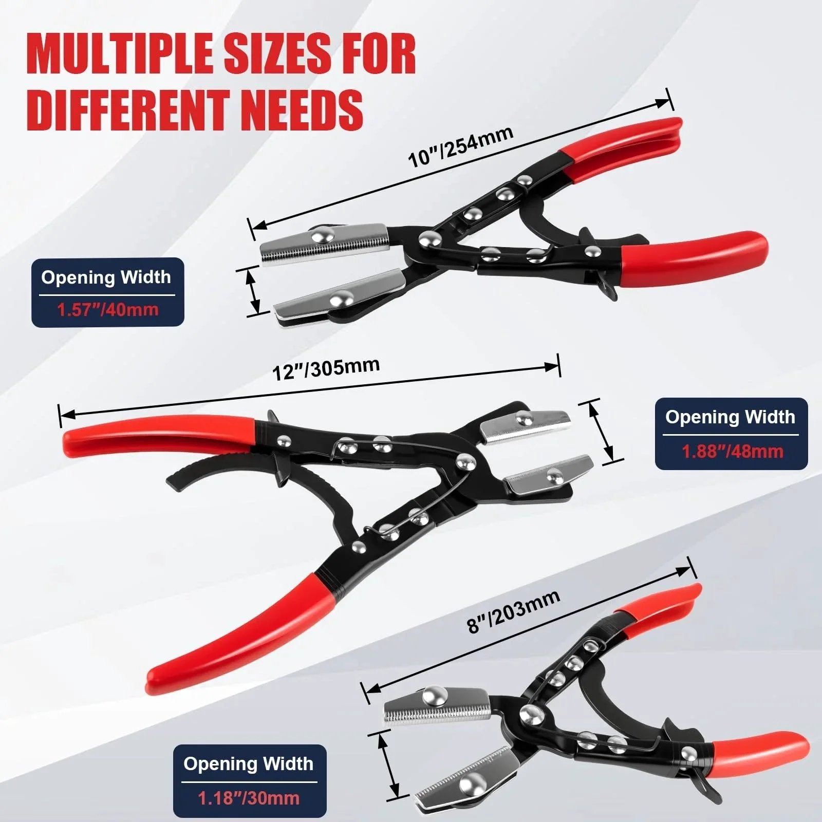 Three Piece Ratchet Hose Pinch Off Pliers Set With 8 Inch 10 Inch And 12 Inch Locking Fuel Line Pliers For Radiator Hose Heater Coolant And Fuel Lines Flexible Clamp Tool For Automotive Repair shown in size comparison with red handles.