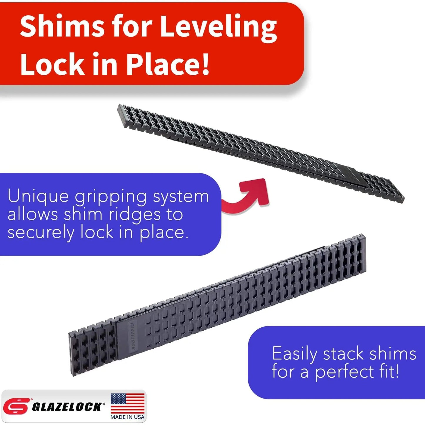 Prescored Plastic Shims For Leveling 12 Pack Quick Snap Wedges To Level Doors Windows Cabinets Toilet Shims DIY Friendly Pro Grade Indoor Outdoor Use Made In USA showing lock-in ridges