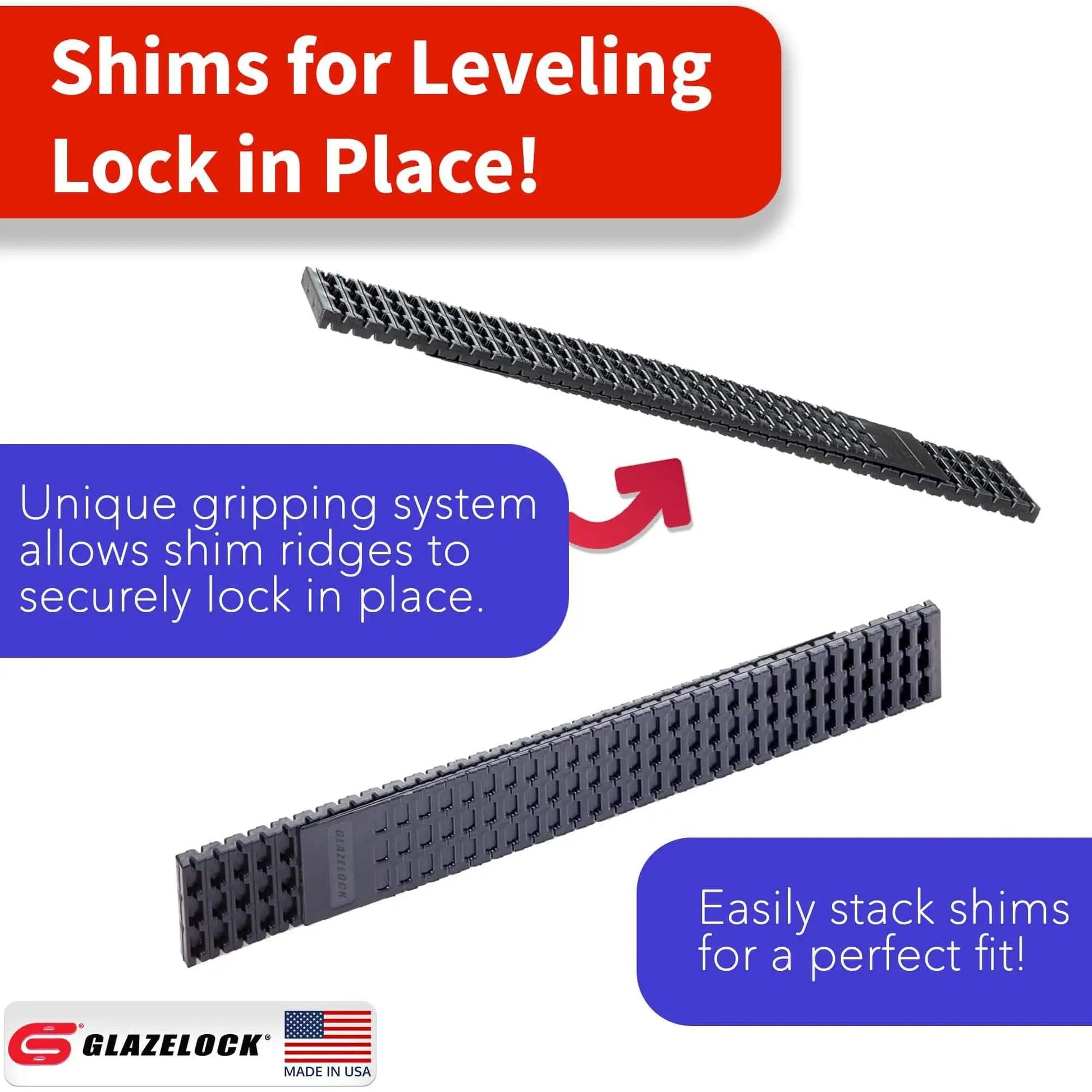 Prescored Plastic Shims For Leveling 12 Pack Quick Snap Wedges To Level Doors Windows Cabinets Toilet Shims DIY Friendly Pro Grade Indoor Outdoor Use Made In USA showing lock-in ridges