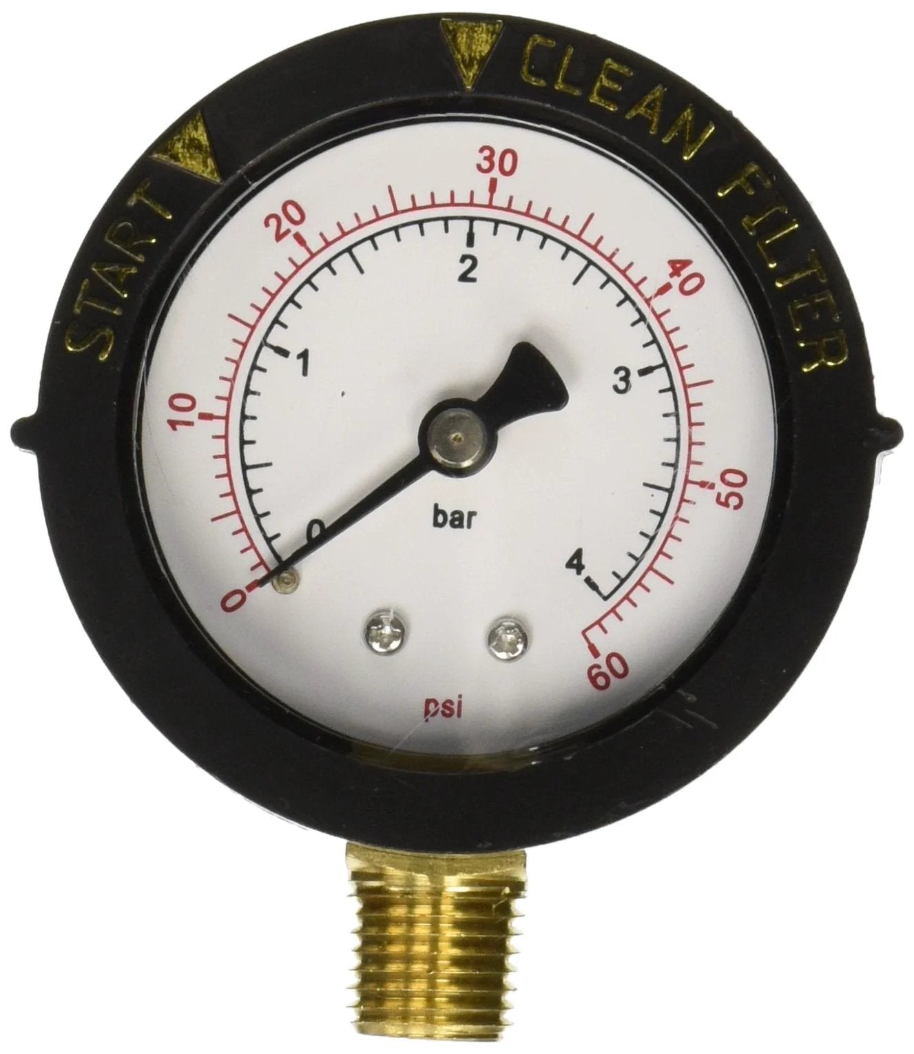 Close-up of a pressure gauge for pool and spa filter systems with black rim and brass connector, showing pressure in bar and psi.