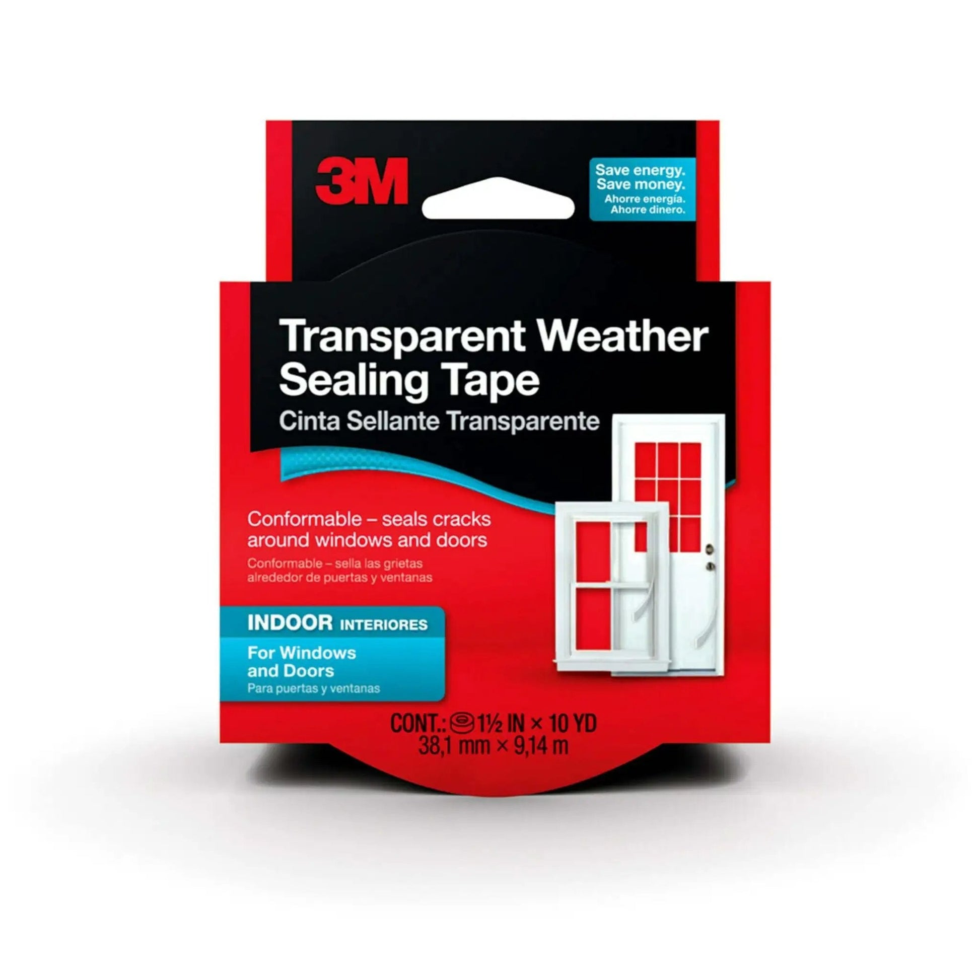 Transparent Weather Sealing Tape 1.5 in x 30 ft (Crystal Clear) Removable Insulation Tape packaging front view.