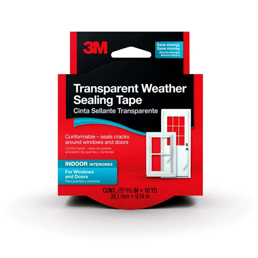 Transparent Weather Sealing Tape 1.5 in x 30 ft (Crystal Clear) Removable Insulation Tape packaging front view.