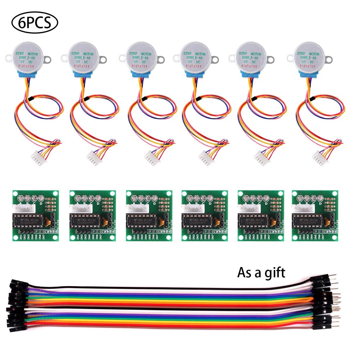 Six Pack 5V 28BYJ48 Stepper Motors With ULN2003 Driver Board, Plug And Play Modules, About 1 Inch Shaft in a set with cables