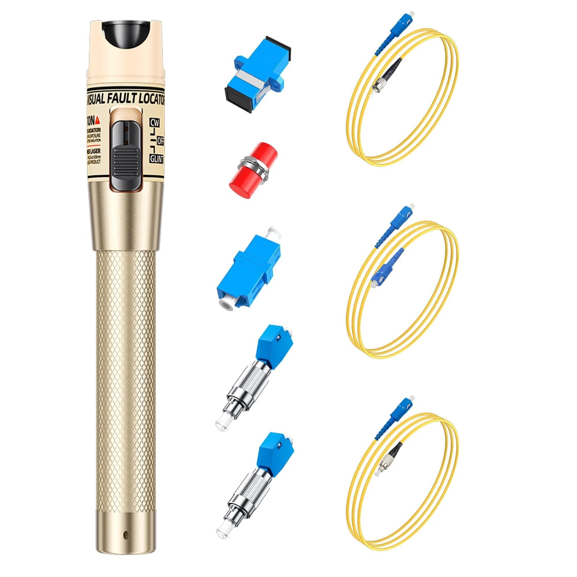 Fiber Optic Visual Fault Locator Kit Up To 50 Kilometer Range Red Light Pen For Quick Fault Detection 650 Nm Laser Two Point Five Millimeter Universal Connector Works With ST SC FC Adapters LC SC FC Coupler And Three One Point Five Meter Patch Cords.