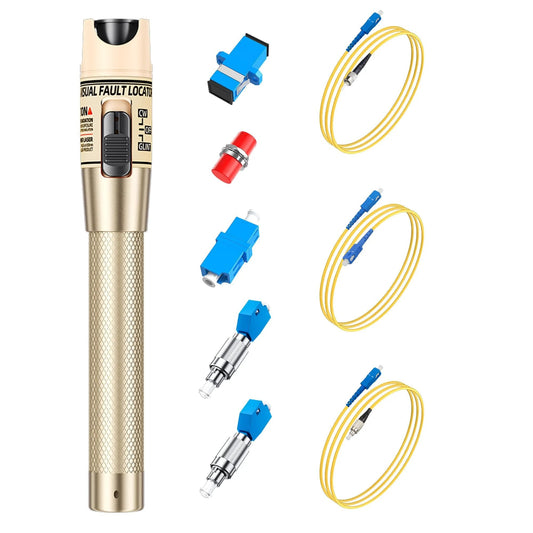 Fiber Optic Visual Fault Locator Kit Up To 50 Kilometer Range Red Light Pen For Quick Fault Detection 650 Nm Laser Two Point Five Millimeter Universal Connector Works With ST SC FC Adapters LC SC FC Coupler And Three One Point Five Meter Patch Cords.