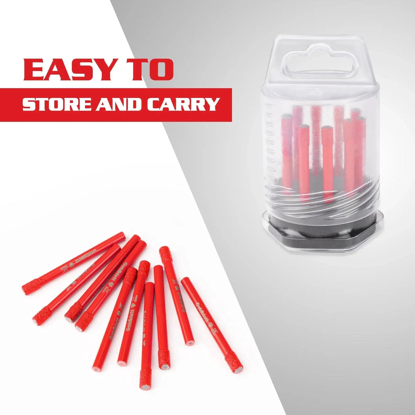 Powerful 10 Piece Diamond Drill Bit Set with One Quarter Inch Shank 6mm Vacuum Brazed Hole Saw, red bits and storage case.